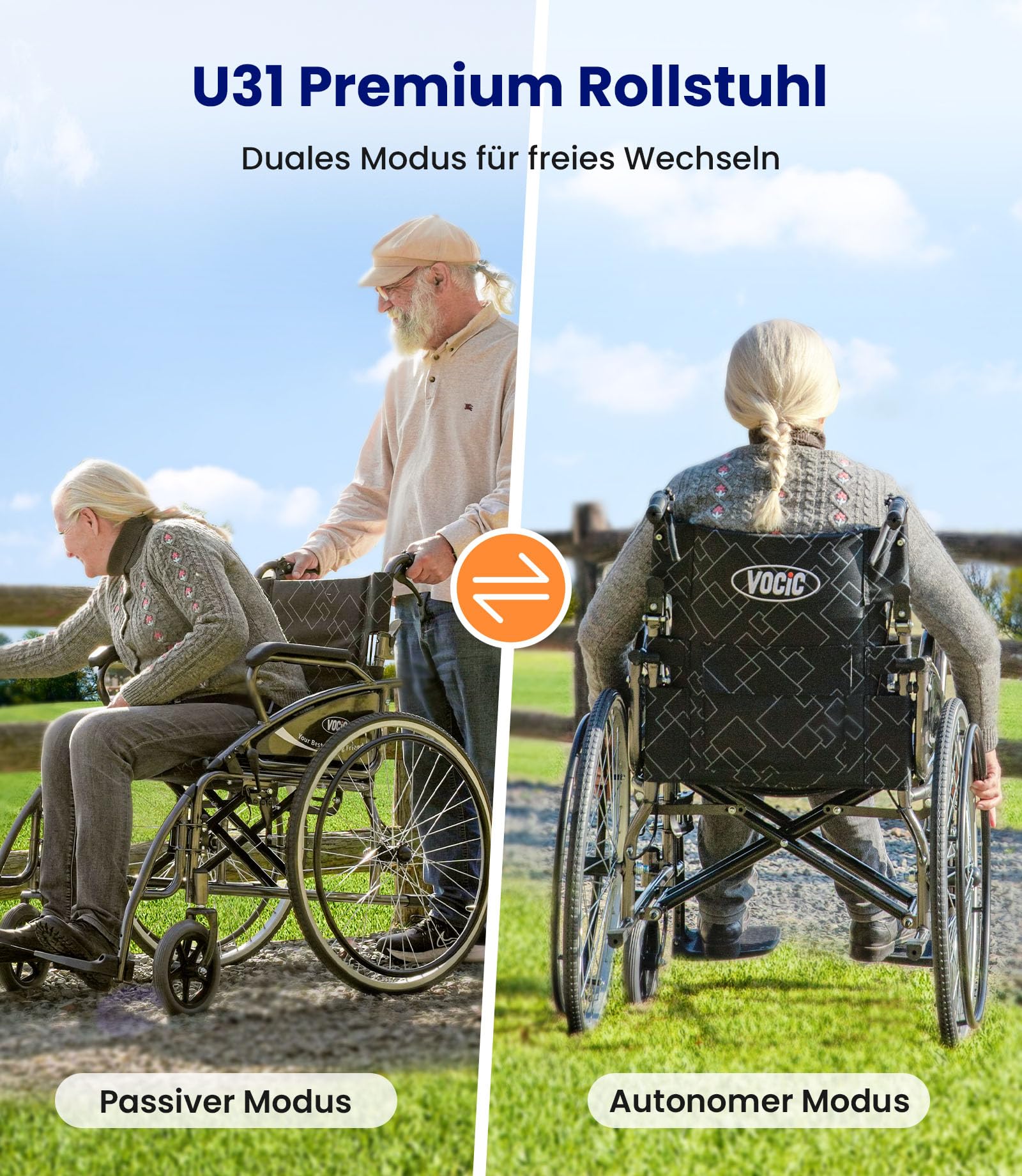 VOCIC Rollstuhl faltbar leicht bis 150KG,17KG Faltbarer Outdoor Rollstuhl,Doppelbremsen Transportrollstuhl klappbar mit Selbstantrieb für Erwachsene,Pannensicher Reifen