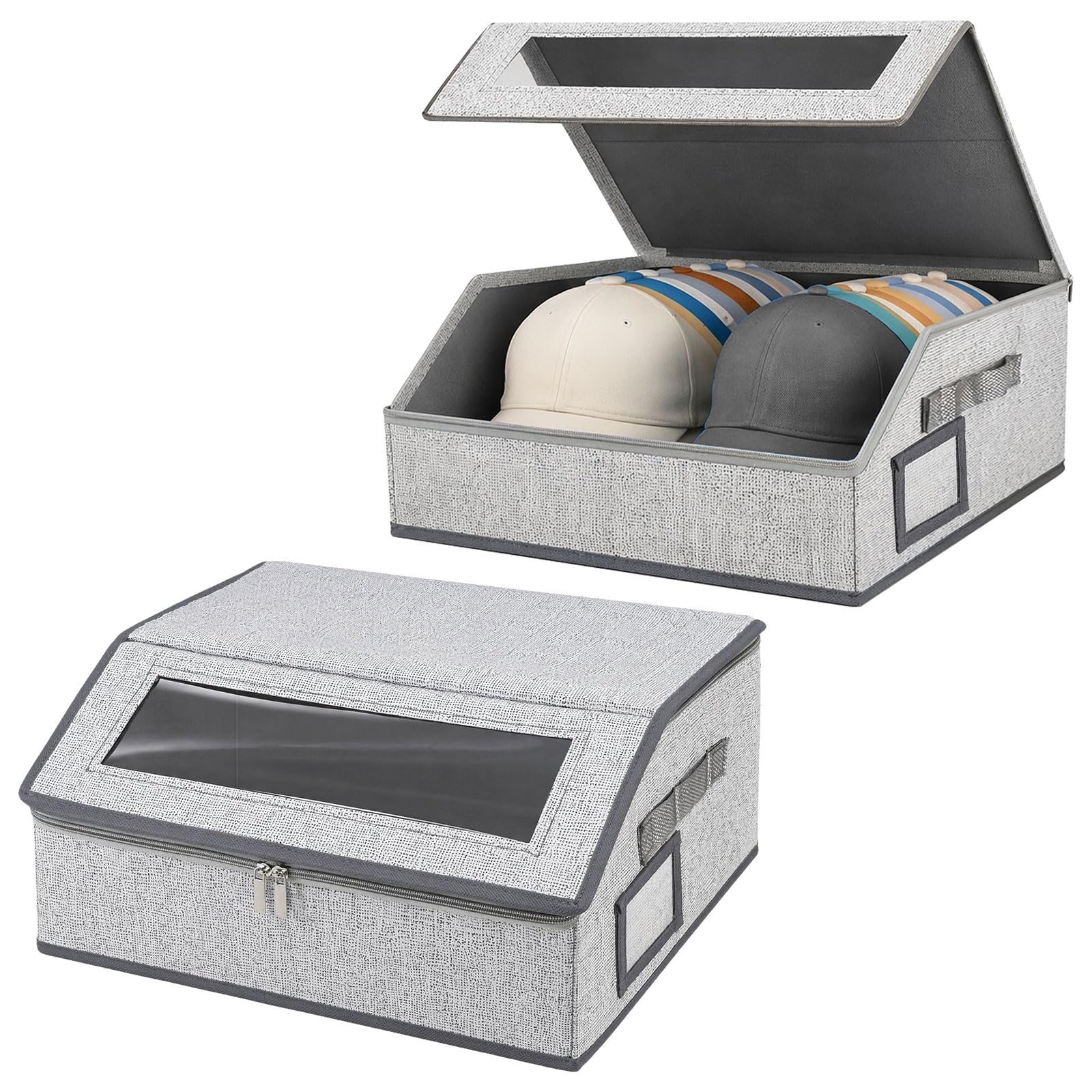 LIRONGTAGE 2 Pack Baseball Cap Storage, Stackable Cap Hat Storage, Holds up to 48 Caps, Large Capacity Flip-Top Access Hat Box Holder with Clear Window & Handles for Closet, Bedroom, Entryway