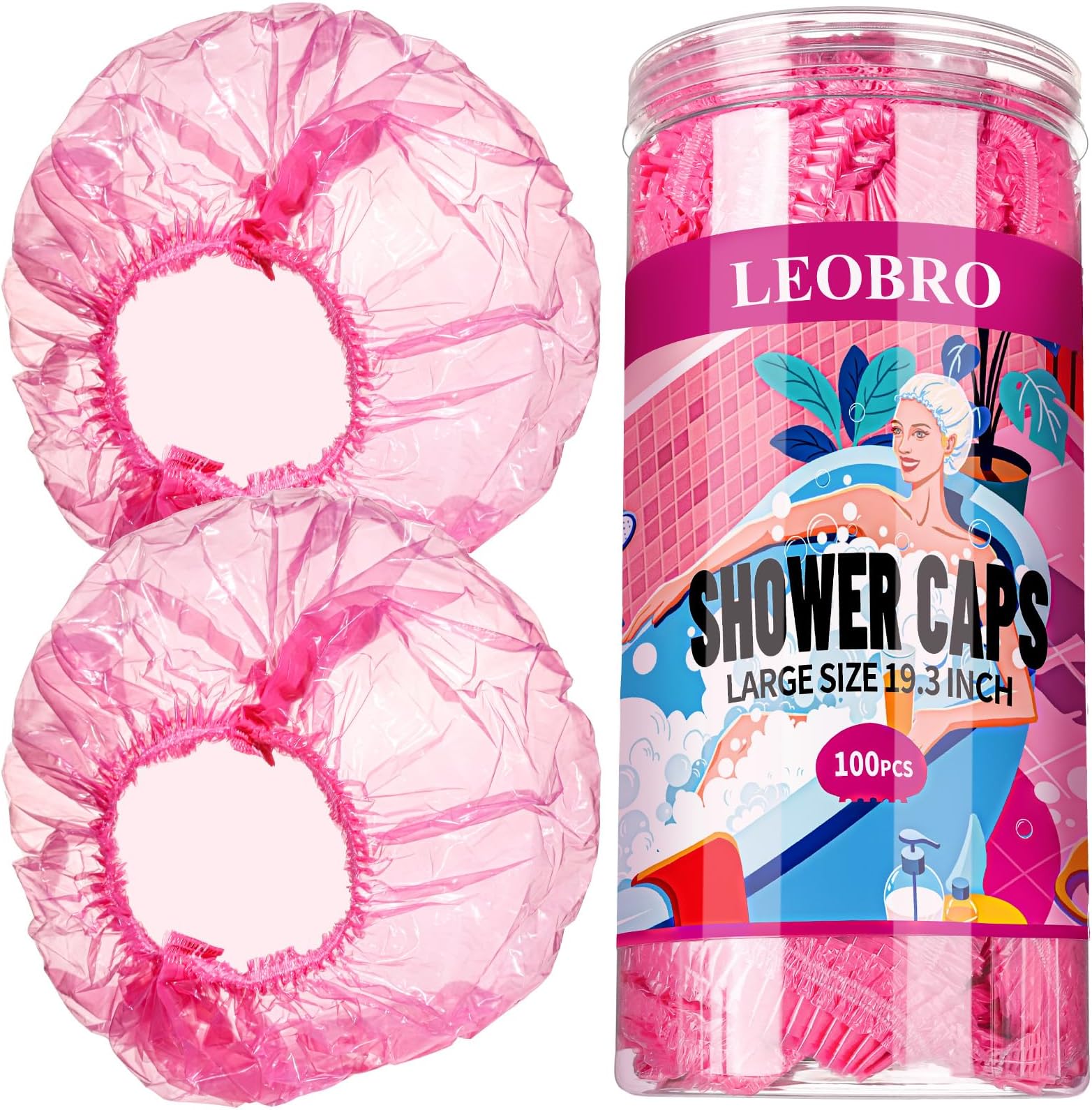 LEOBRO Disposable Shower Caps, 100PCS Large Shower Cap, Plastic Shower Caps for Women Disposable, Thick Plastic Caps for Hair Treatment, Large Size 19.3 INCH, Pink