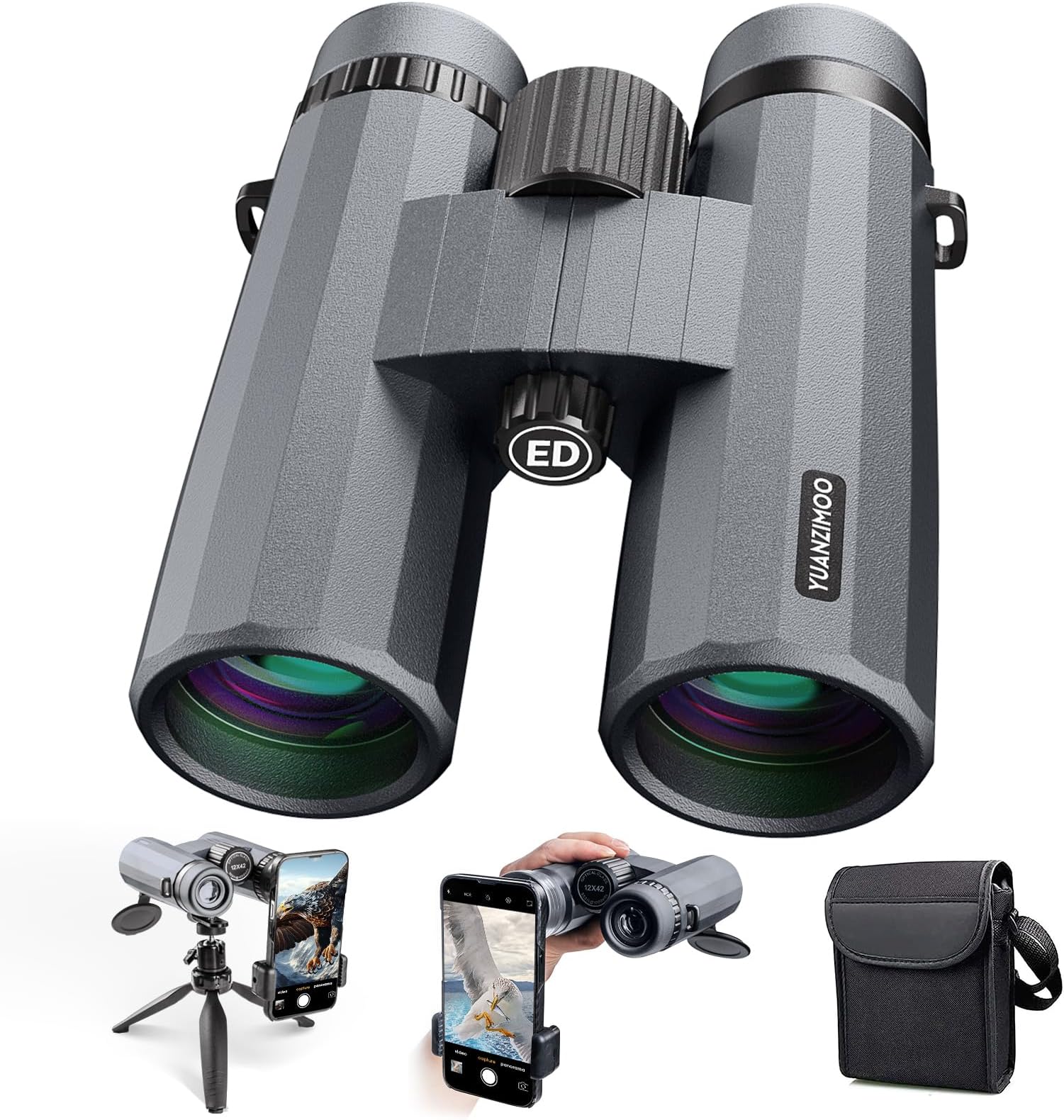 YUANZIMOO12x42 Binoculars for Adults High Powered Binoculars Waterproof Compact Binoculars with Low Light Night Vision for Hunting Outdoor Sports Concerts Bird Watching Grey