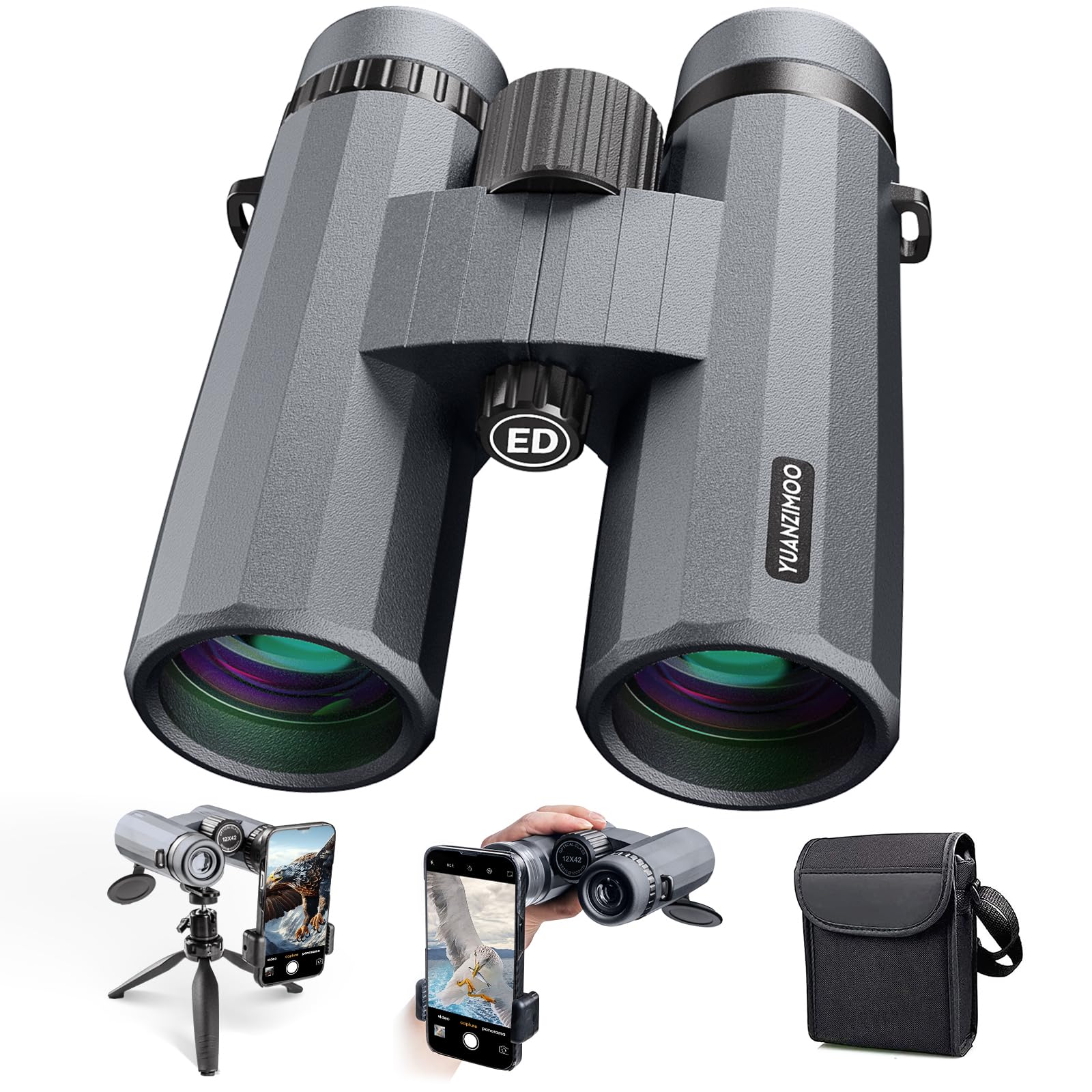 YUANZIMOO12x42 Binoculars for Adults High Powered Binoculars Waterproof Compact Binoculars with Low Light Night Vision for Hunting Outdoor Sports Concerts Bird Watching Grey