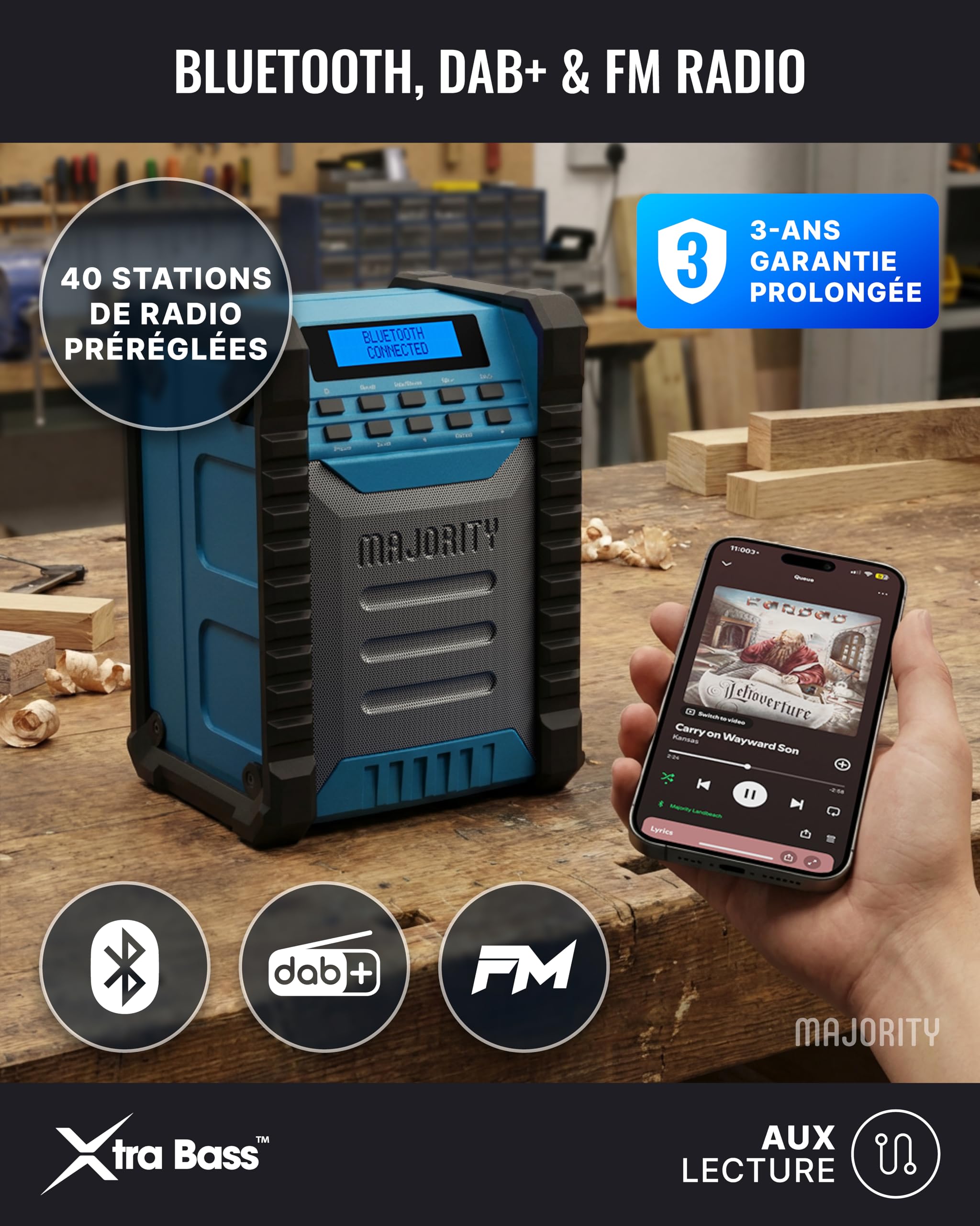 Radio Chantier Dab+ FM, Bluetooth & AUX, IP54 Enceinte Etanche, Antichoc | MAJORITY Landbeach Radio Plus Robuste et Antichoc | Batterie Rechargeable 28h USB-C & Power Bank | Écran LCD Rétroéclairé