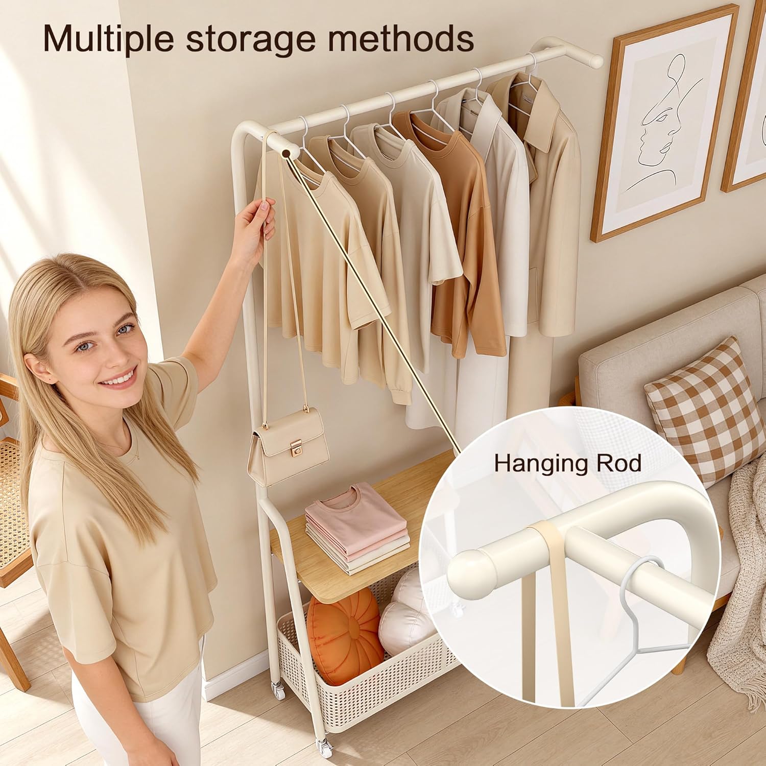 Coat Rack Freestanding with Wheels, 3-Tier Storage Garment Rack with Storage Basket, Rolling Organizer for Coats, Hats, Bags & Clothes, Coat Hanger Stand for Entryway Bedroom (H 66.9" x W 32")