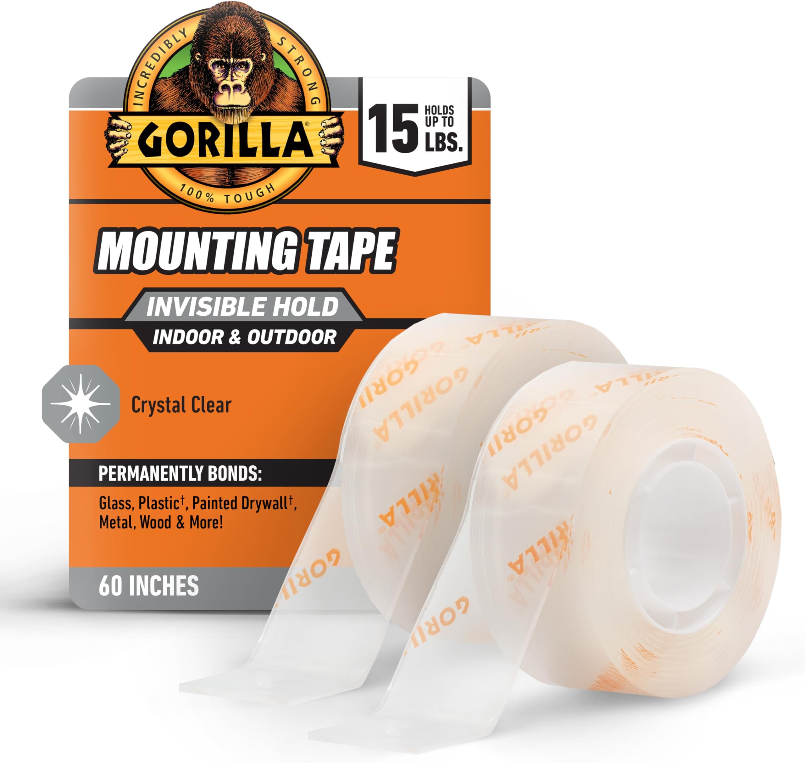Gorilla Tough & Clear; Double Sided Mounting Tape; Weatherproof; 1" x 60"; Clear; (Pack of 2)