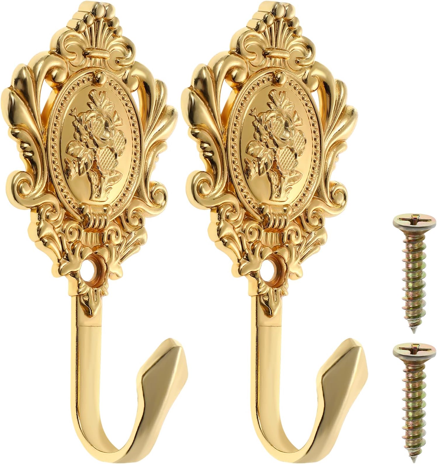 2-Pack Vintage Drapery Curtain Holdbacks Tieback Hooks Rose Pattern (Golden)