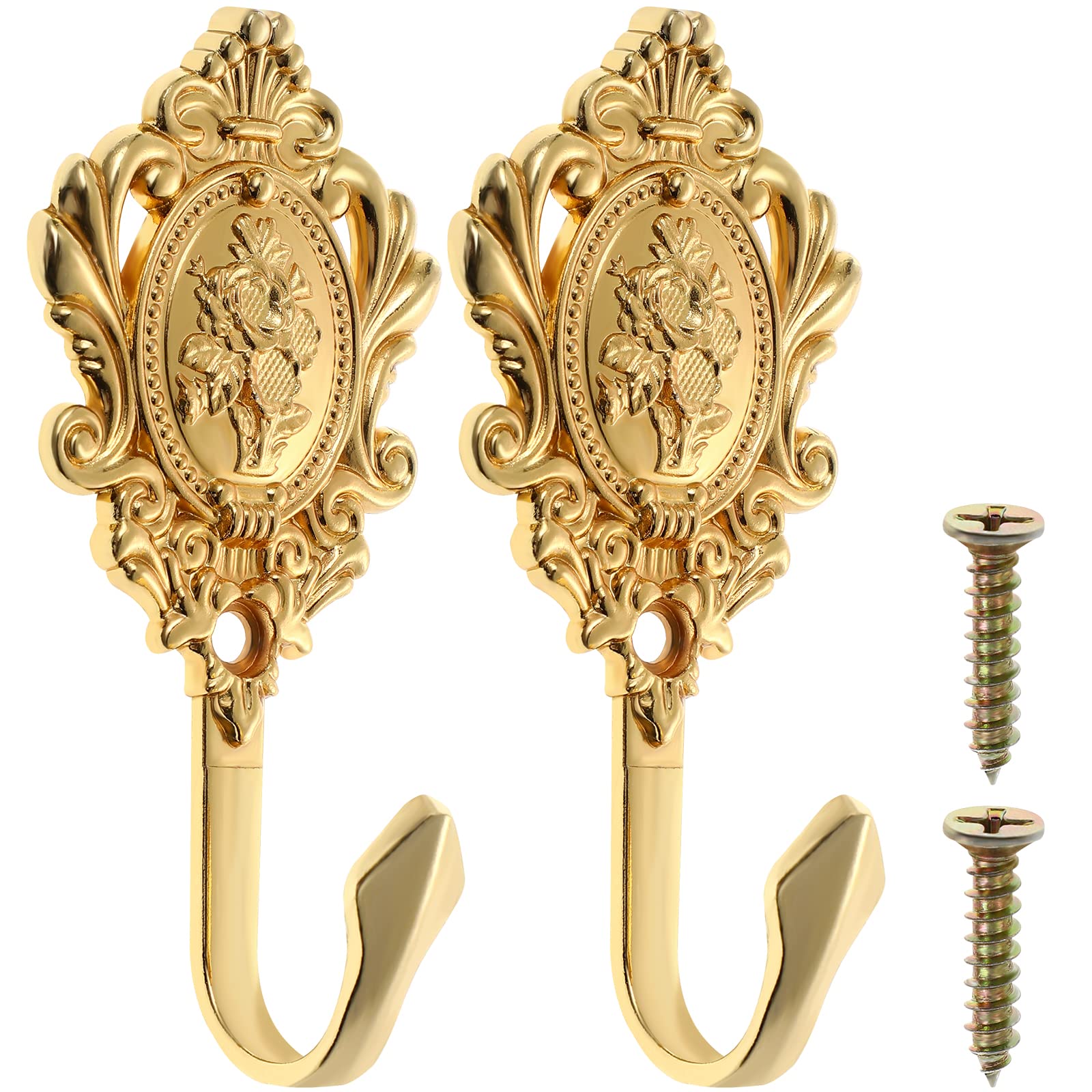2-Pack Vintage Drapery Curtain Holdbacks Tieback Hooks Rose Pattern (Golden)