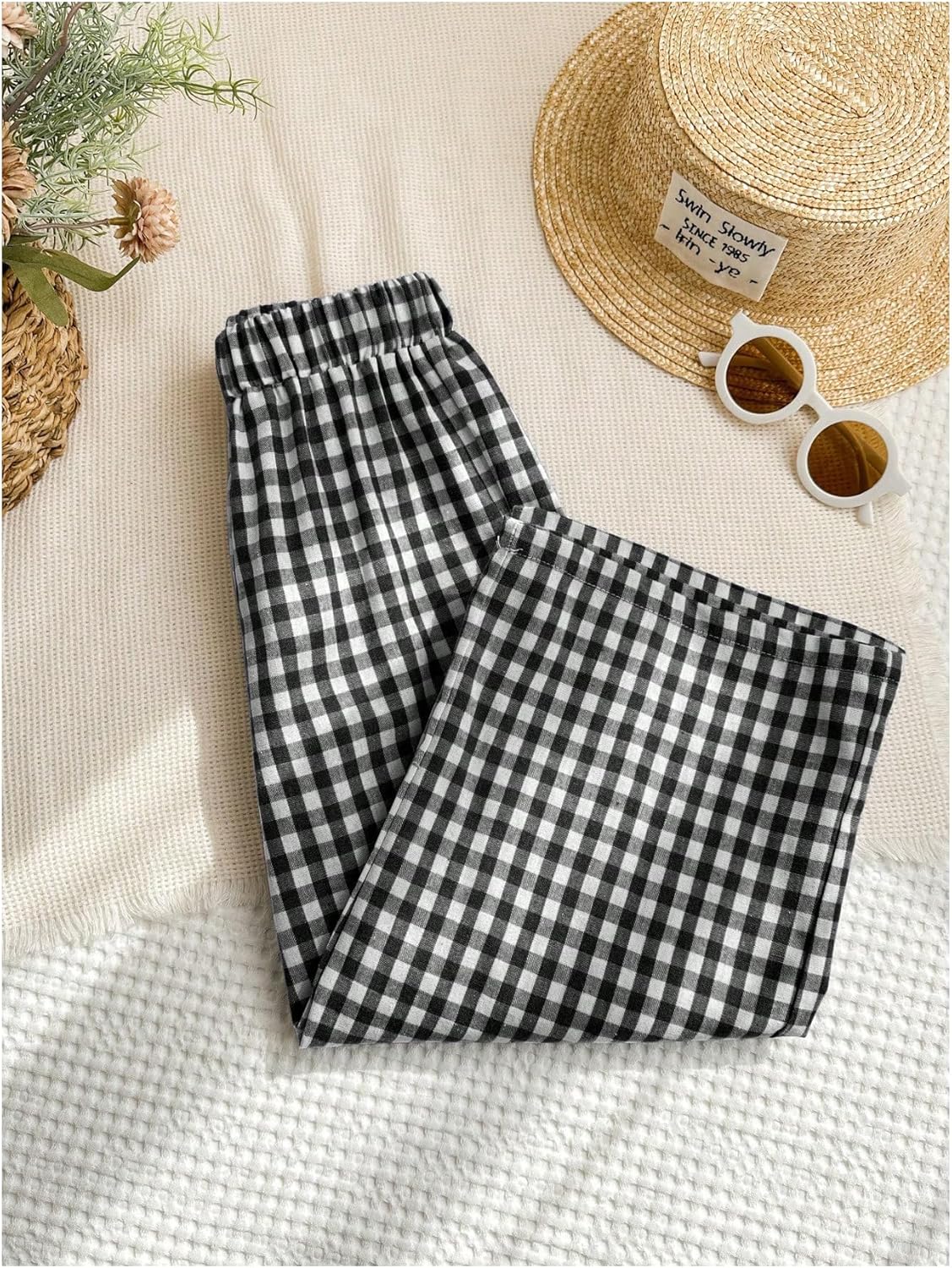SweatyRocks Girl's Elastic Waist Plaid Print Wide Leg Linen Pants Loose Long Trousers - Image 4