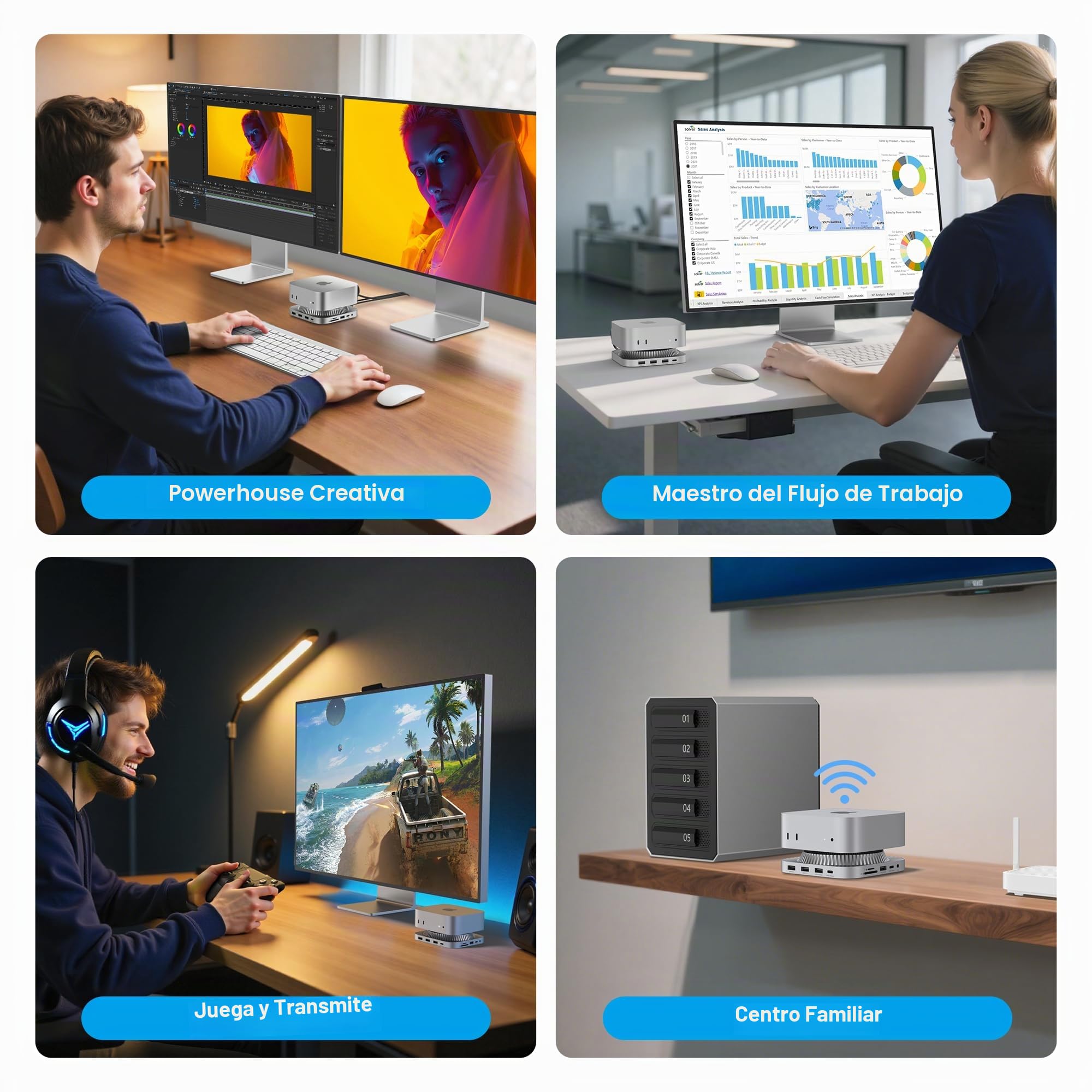 IVANKY 13-en-1 Estación de Acoplamiento para Mac Mini M4 & M4 Pro (2024) | Soporte con Carcasa SSD M.2 NVMe, Hub HDMI 4K@120Hz, 2×10 Gbps USB A/C, SD/TF, 2 Puertos Audio (Sliver, Velocidad elevada)