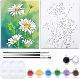 VOCHIC Paint and Sip Kit, Daisy Pre Drawn Canvas Painting Kit for Adults Painting Twist Party Supplies for Beginner Gift Favor, 8 Acrylic Colors, 3 Brushes,1 Pallet,1 Image Art Craft Set(8x10)