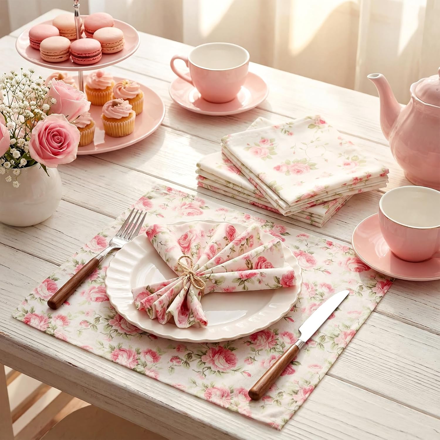 Floral Cloth Napkins 6 Patterns Washable Dinner Tea Party Napkins Reusable Plant Flowers Square Napkin Cotton Towel Decorative for Spring Wildflower Party(Pink Rose,24 Pcs)