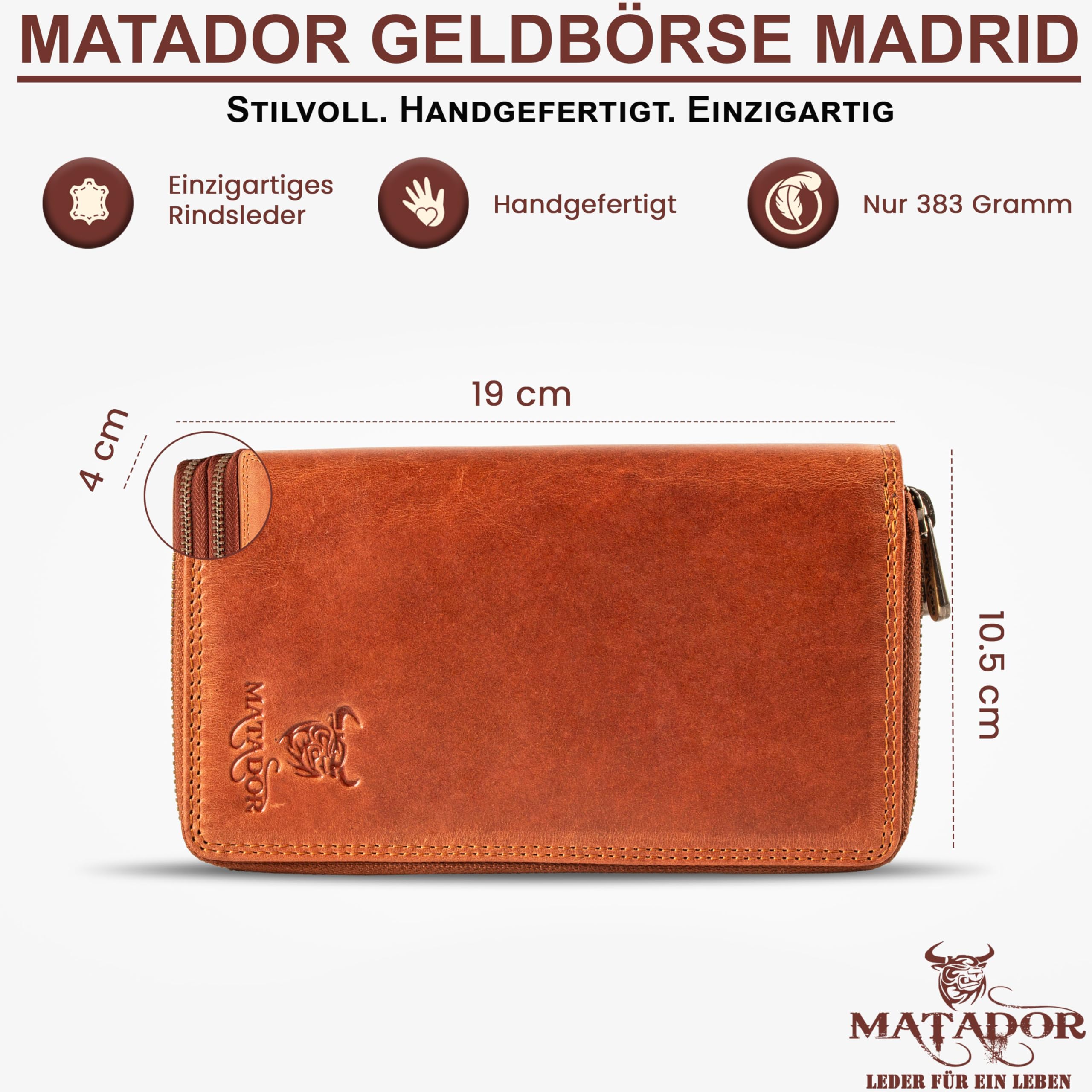 MATADOR Madrid portmonetka damska ze skóry w eleganckim pudełku prezentowym, elegancki portfel z blokadą RFID, luksusowy portfel damski, wiele przegródek na karty, braun konjak, MADRID CLASSIC