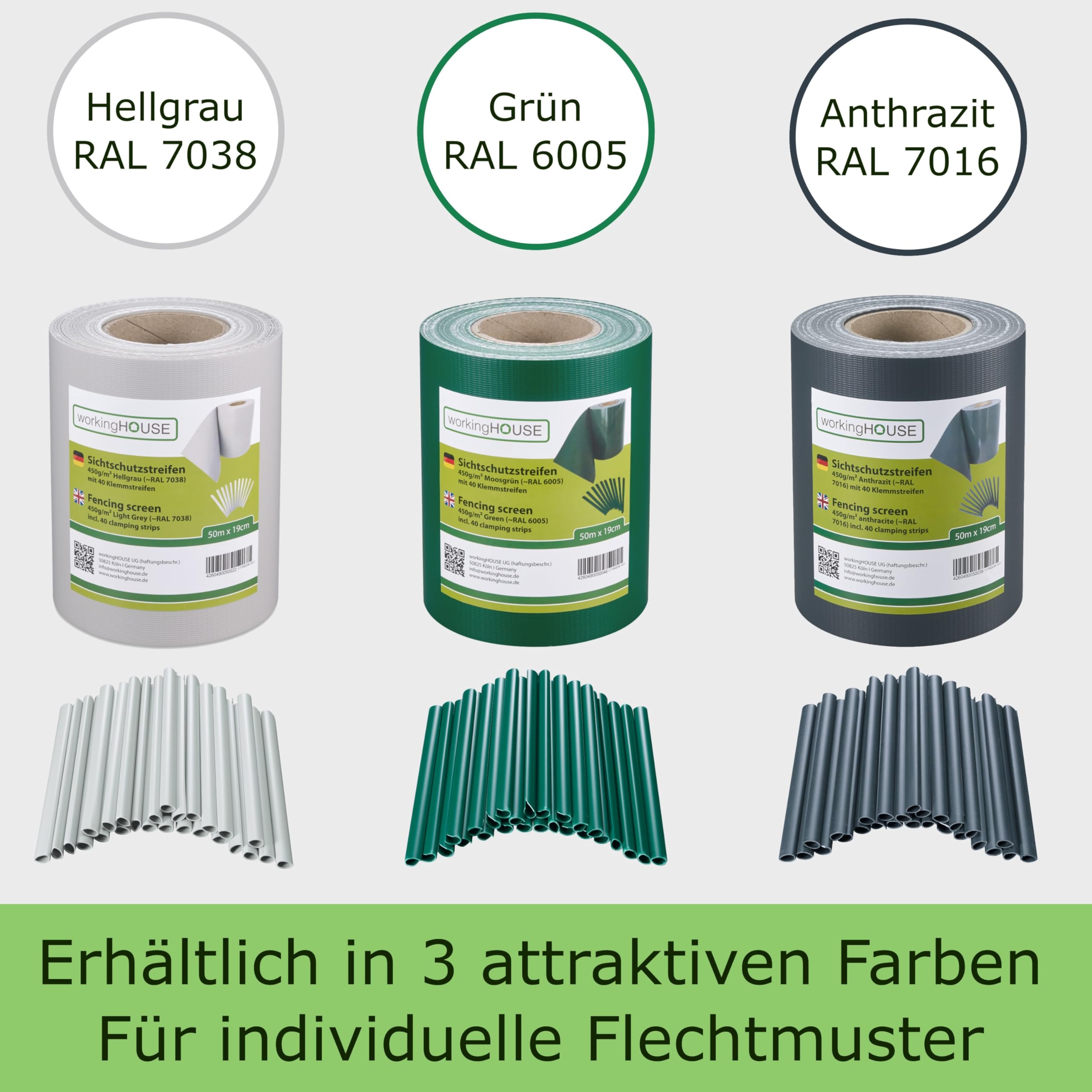WORKINGHOUSE PVC Sichtschutzstreifen 450g/m² Standard für Doppelstabmatten Zaun – 50m Rolle, Anthrazit RAL 7016 | Wind- & Blickschutz, wetterfest, inkl. Clips