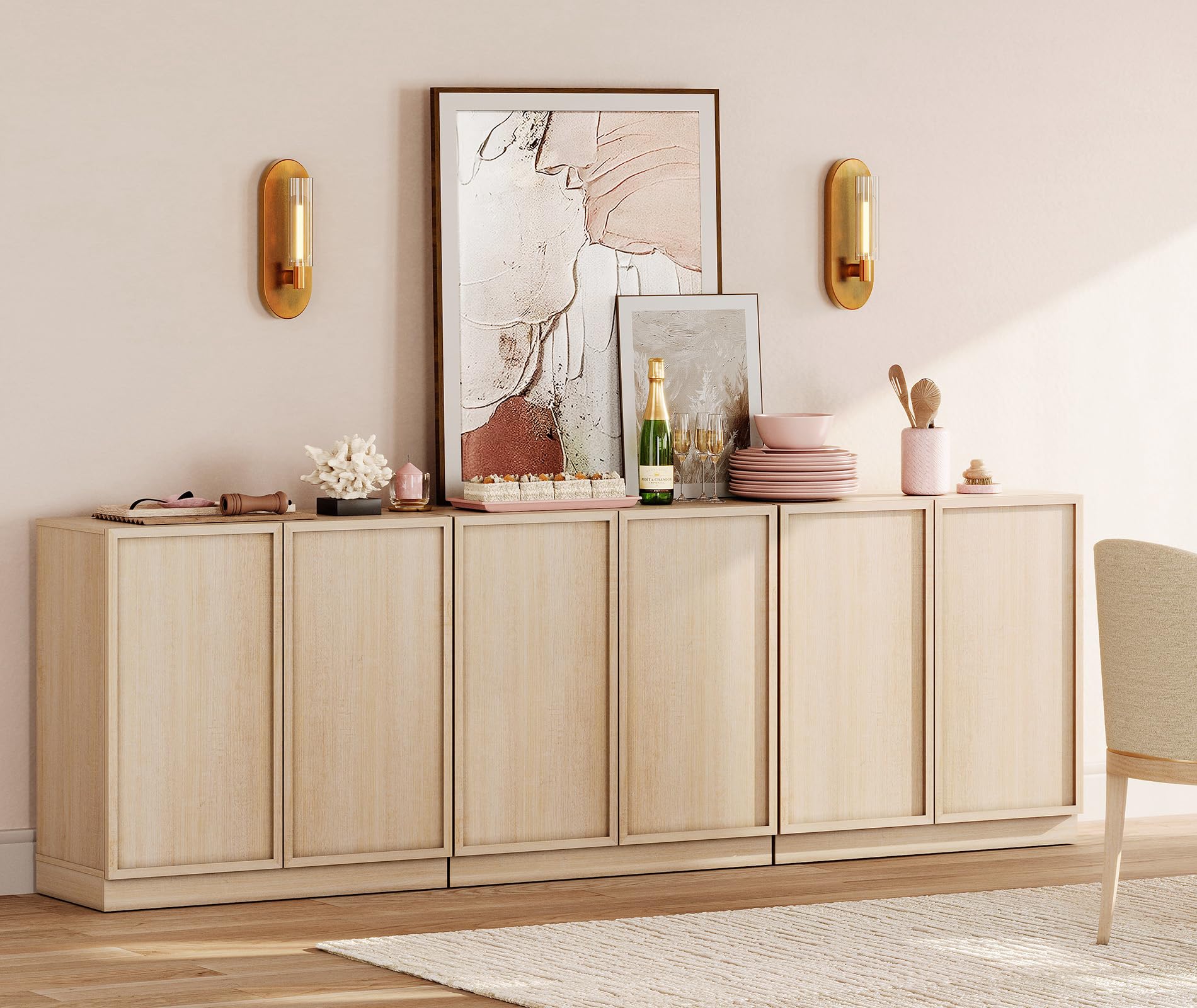 WAMPAT 94.5" Modern Sideboard Buffet Cabinet with 6 Doors, Multifunctional Sideboard with Large Storage and Adjustable Shelf, Coffee Bar Cabinet Storage Cabinet for Kitchen, Living Room, Beige