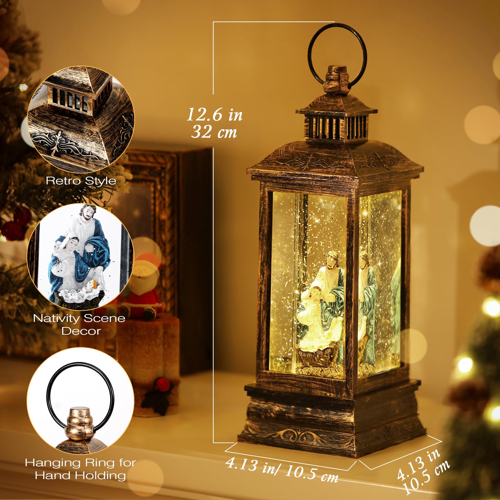 Lewondr Globo di Neve di Natale, Globo di Neve a Forma di Lanterna Illuminato con Neve Decorativa e Presepe di Natale, Globo di Neve Musicale con Timer, Regalo per Ragazze Fidanzate Donne, Oro Nero