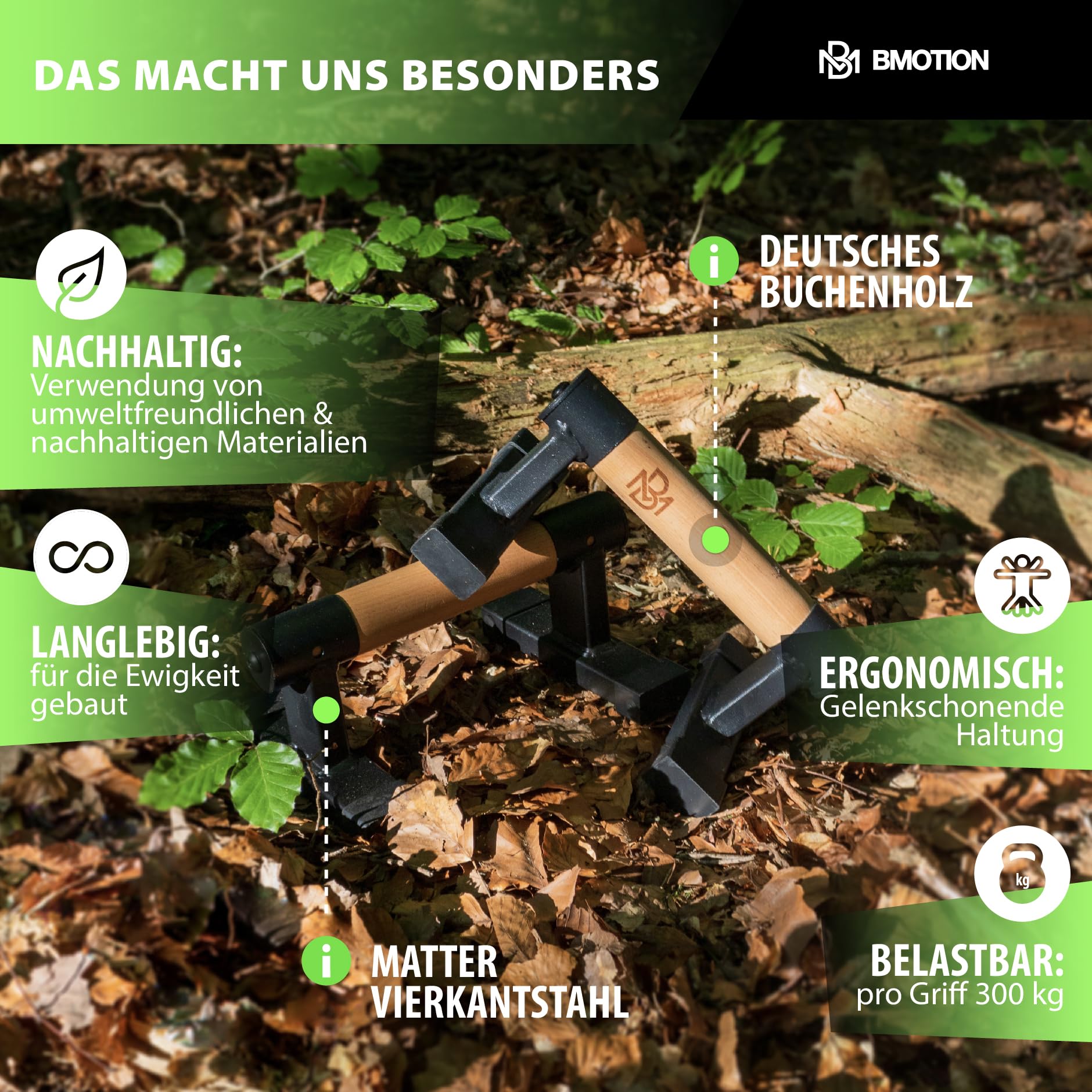 Müller & Blum Premium low Parallettes Holz inkl. Handgelenksbandagen, nachhaltige & rutschfeste Liegestützgriffe, ideal für Liegestütze & Handstand, Push Up Bar, Calisthenics Equipment