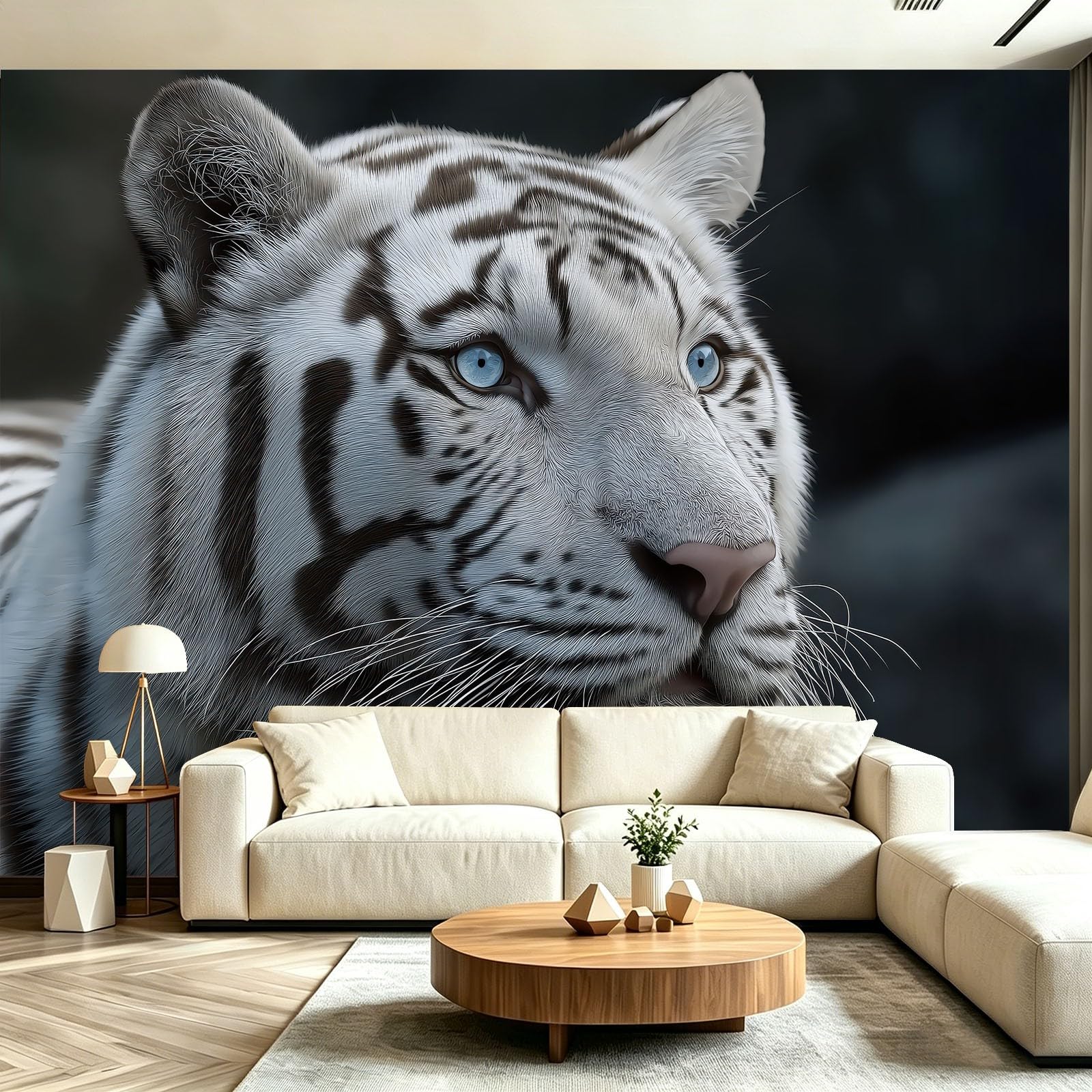 Papier peint tigre 3D pour agrandir visuellement un salon ou une chambre à coucher