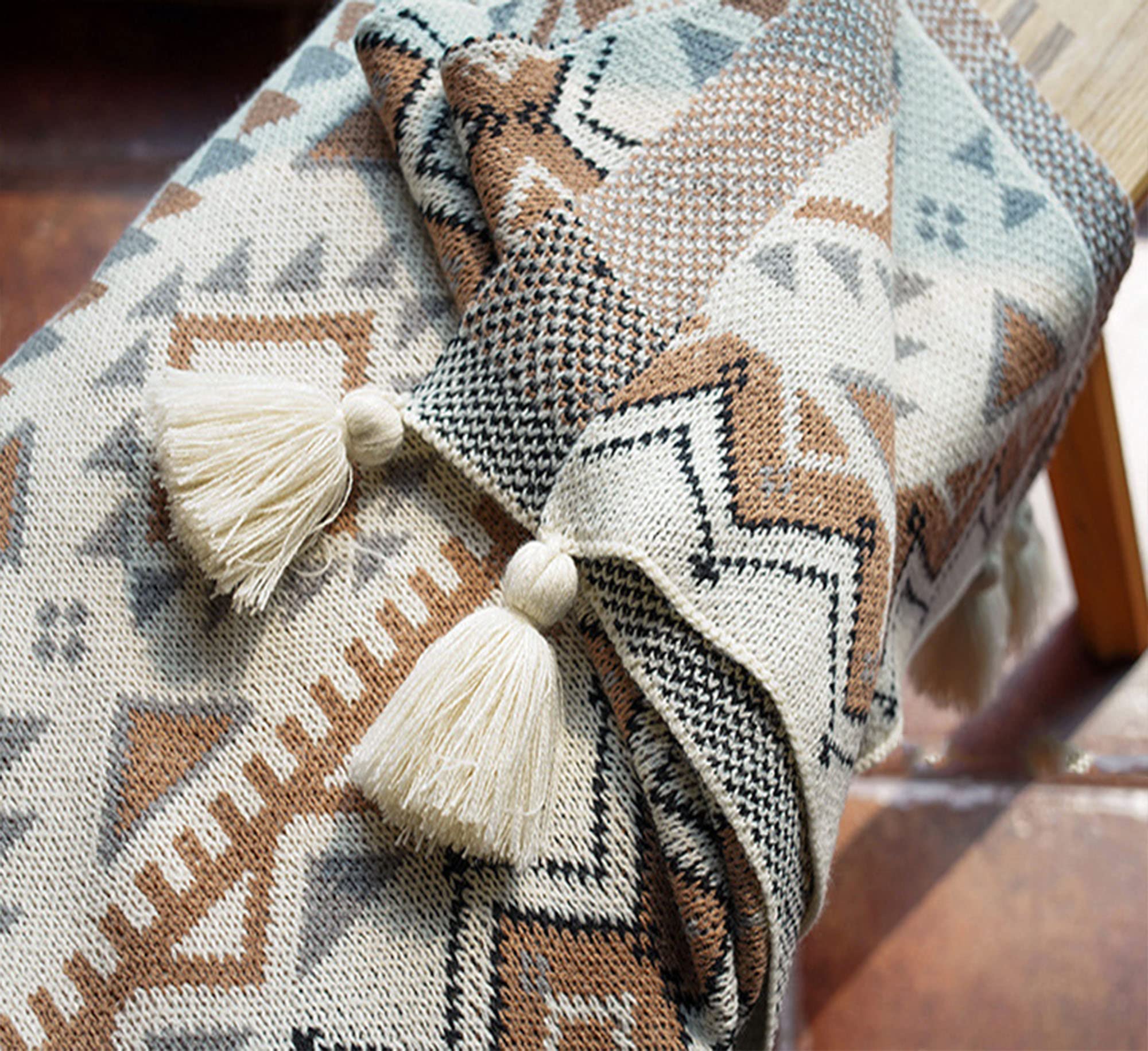 Coperta con frange a maglia, morbida e leggera, con nappe, decorativa, stile bohémien, calda coperta in acrilico per divano, divano, copriletto, divano, divano – (130 x 170 cm, stile 4)