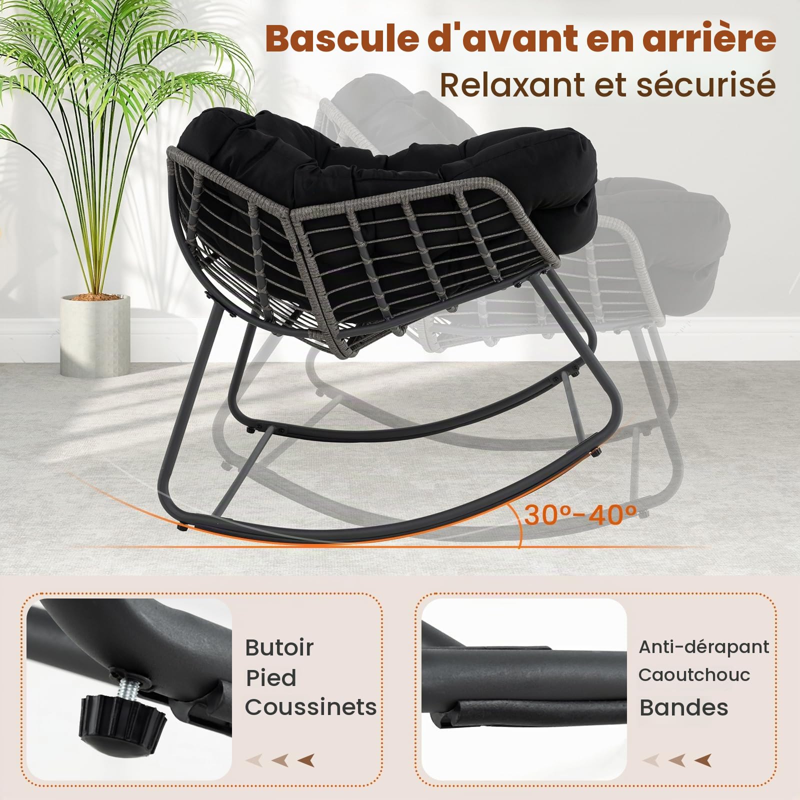 GIANTEX Chaise a Bascule, Coussin Doux Amovible, Assise en Rotin PE, Fauteuil a Bascule Large et Enveloppant, Structure en Métal, Rocking Chair pour Salon, Bureau, Balcon, Charge 150 kg, Noir