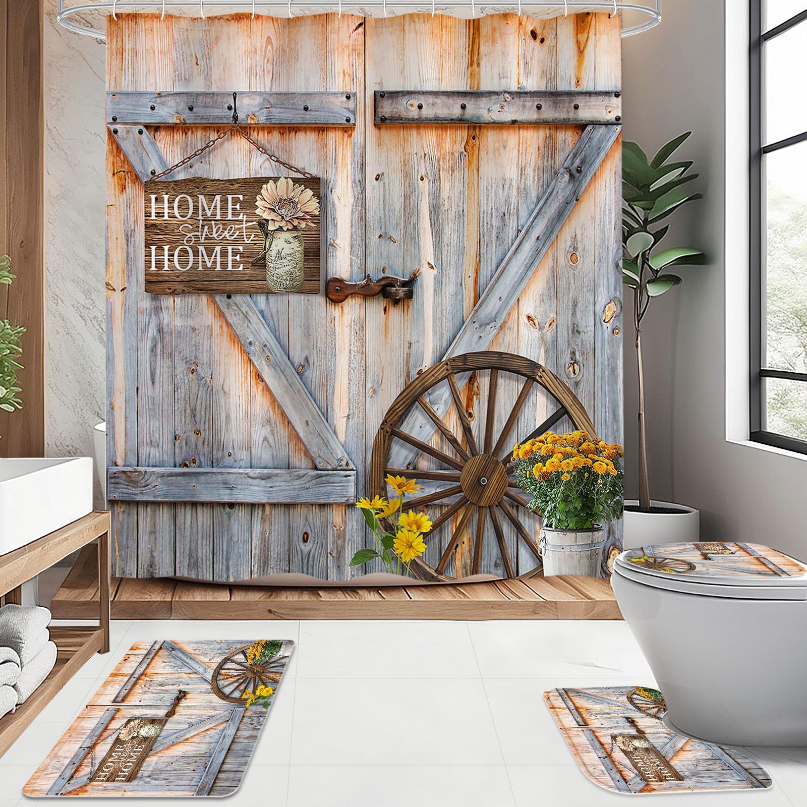 Litabel 4 Pcs Rustic Farmhouse Door Shower Curtain Set with Non-Slip Rugs, Toilet Lid Cover and Bath Mat, Countryside Flowers Bathroom Decor Set with Shower Curtain and Rugs(Hooks Not Included)