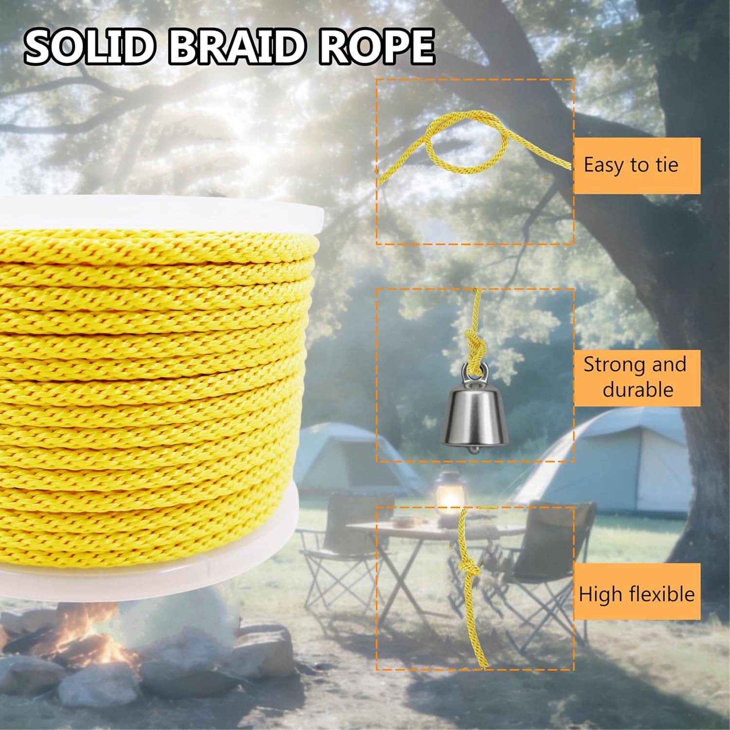 3/8 Inch 150FT Yellow Solid Braid Rope Polyester Rope High UV and Abrasion Resistance, Multi-Purpose for Outdoor Heavy Duty for Camping