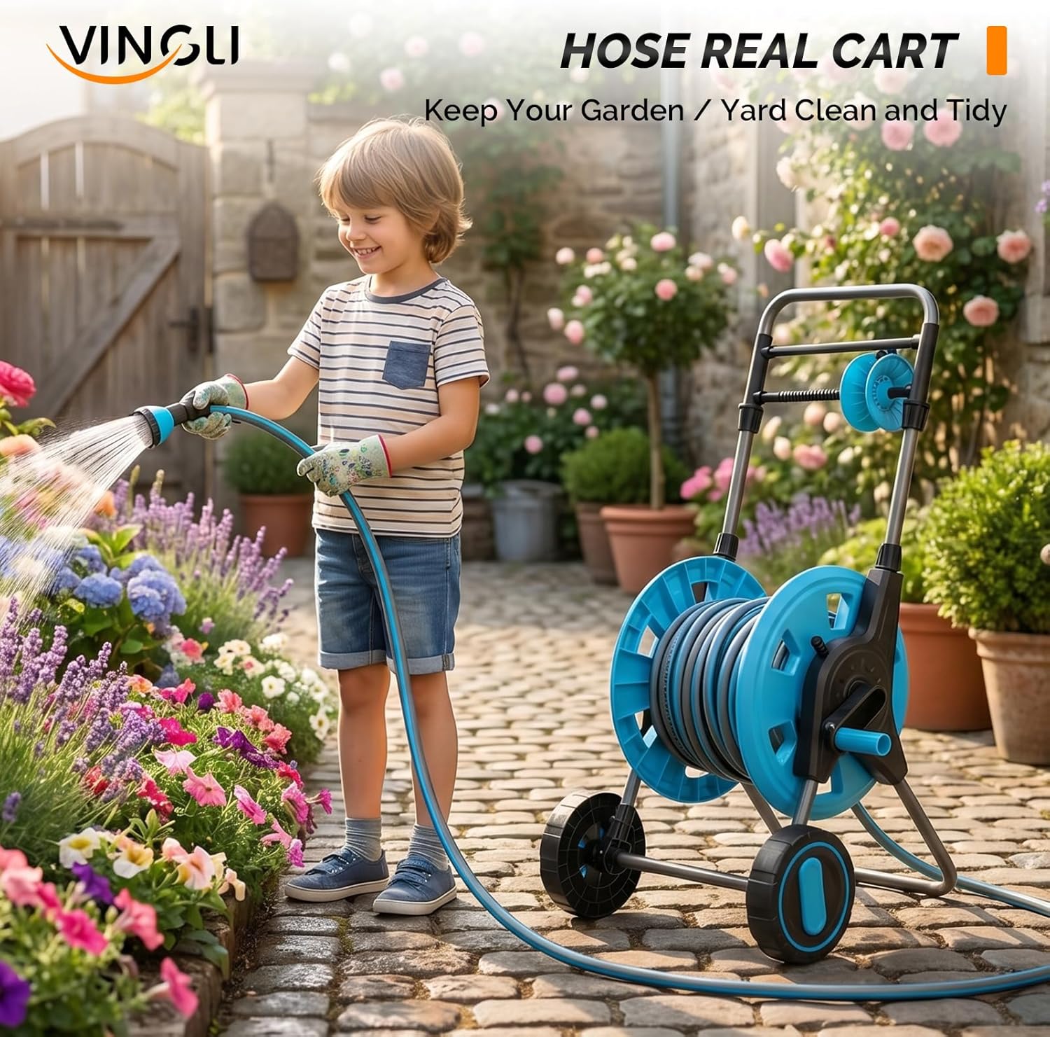 VINGLI Garden Hose Reel Cart with Wheels, 150FT/100FT Hose Capacity, Never-Flat Tires, Effortless Roll-Up & Tangle-Free, Ideal for Lawn/Yard/Patio Watering, Car Wash & Cleaning