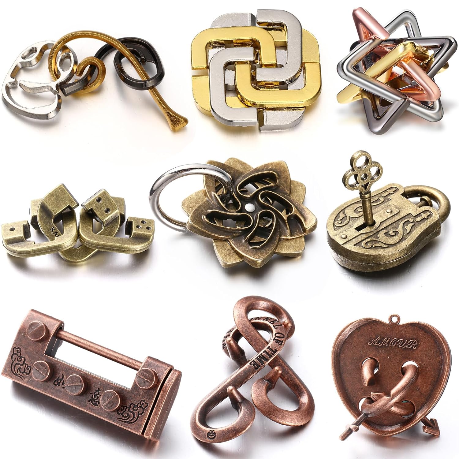 A set of nine different Wettarn metal brain teaser puzzles laid out neatly.