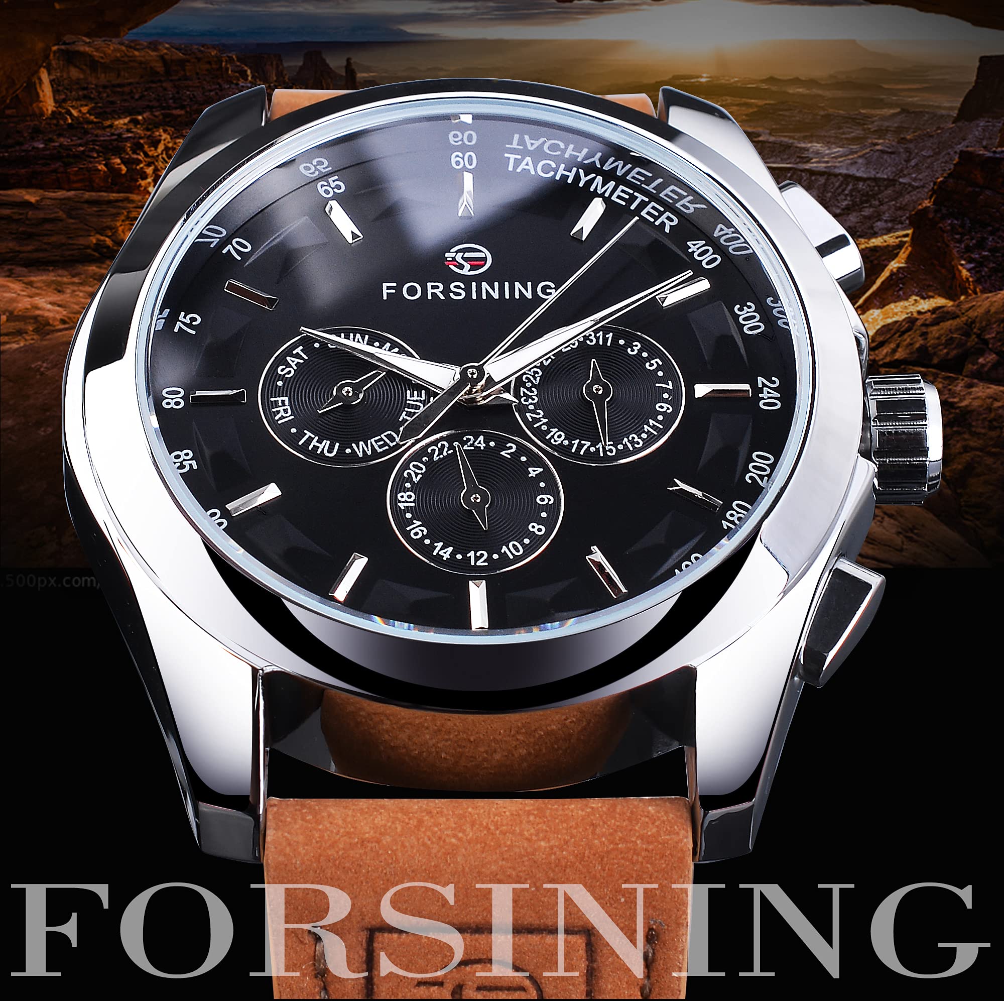 FORSINING Orologio da polso meccanico da uomo automatico a carica automatica orologio militare cinturino in vera pelle impermeabile luminoso casual business