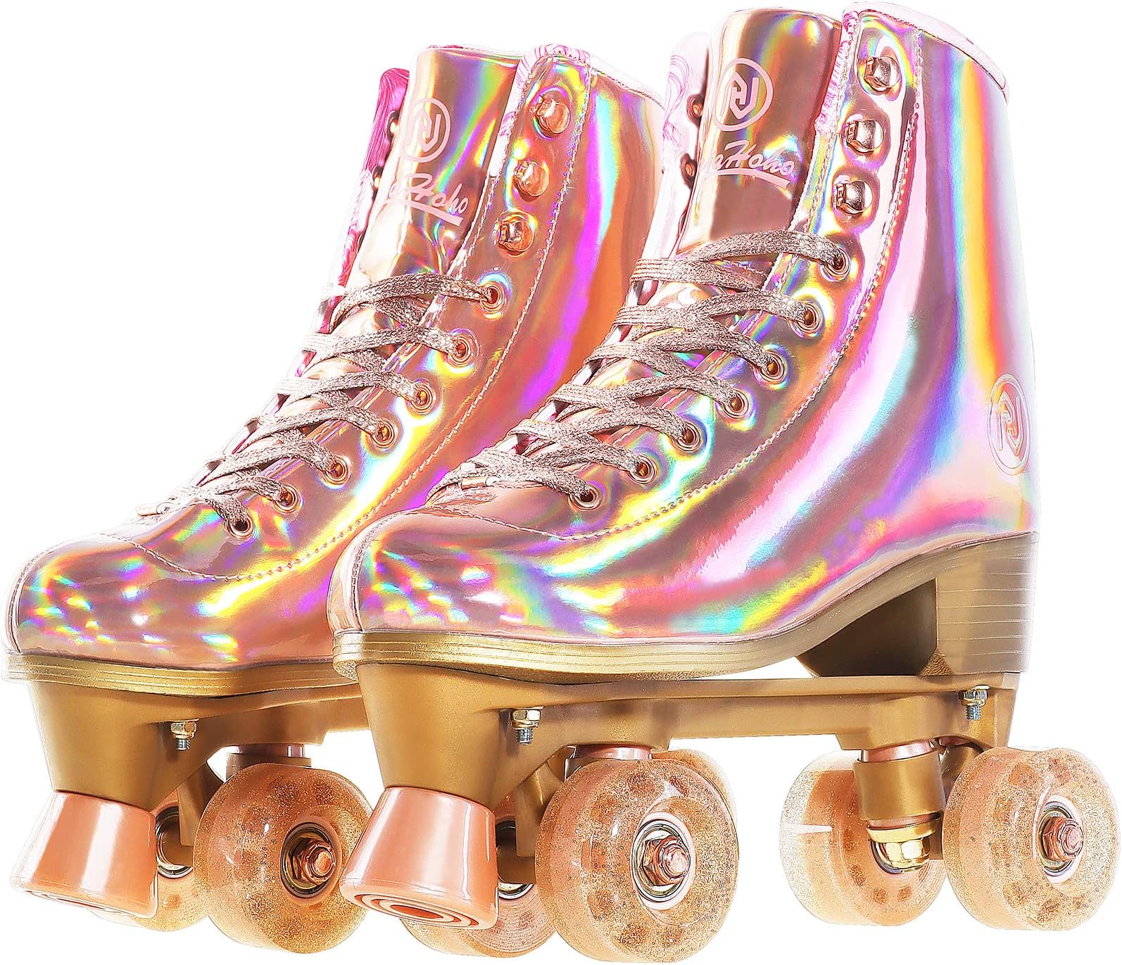 JajaHohoRoller Skates for Women, Holographic High Top PU Leather Rollerskates, Shiny Double-Row Four Wheels Quad Skates for Girls and Age 8-50 Indoor (Pink Rose Gold)