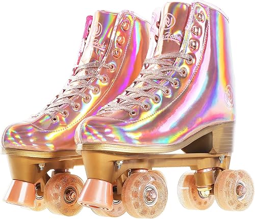 JajaHoho Patines holográficos de piel sintética para mujer, patines holográficos de doble fila, cuatro ruedas brillantes para niñas y edades de 8 a