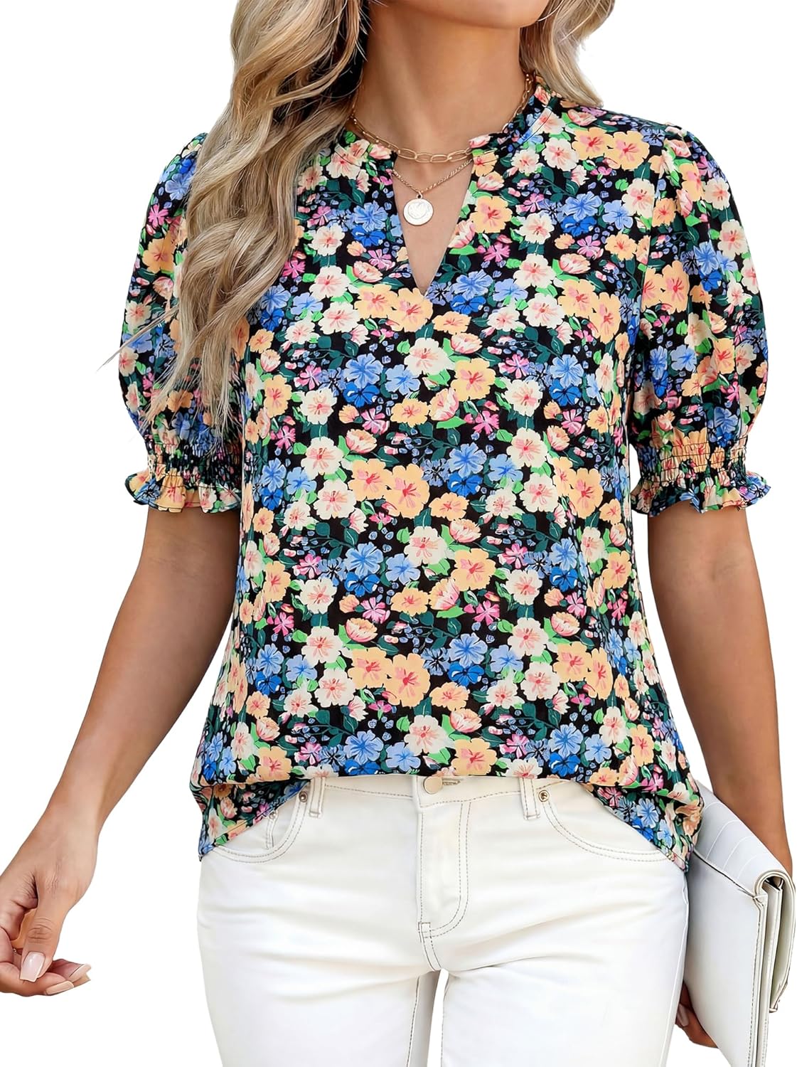 BTFBM Summer Blouses for Women Dressy Casual 2026 Fashion Spring Tops Floral Boho V Neck Puff Short Sleeve Top Shirts - Image 3