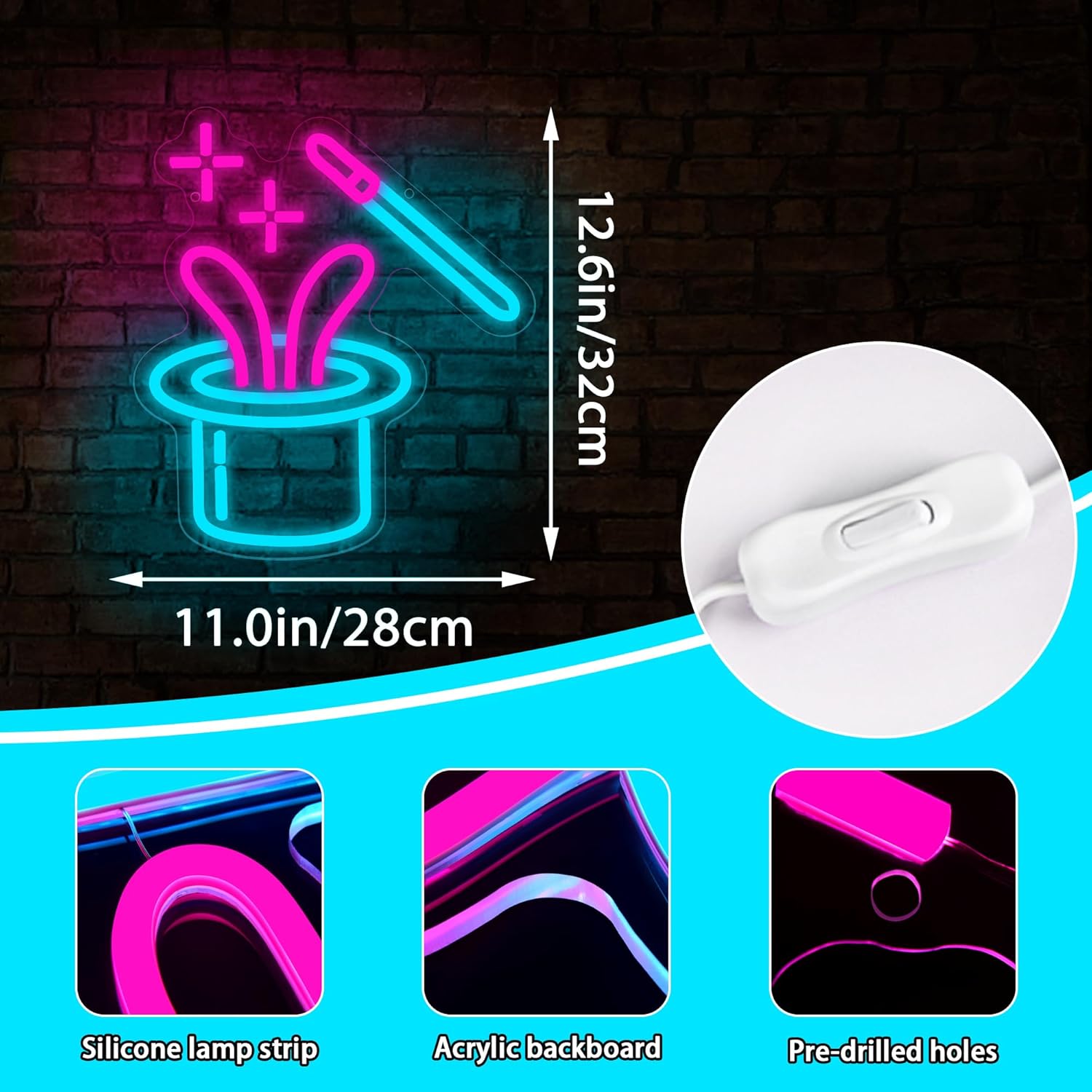 Magician Hat Neon Sign for Wall Decor Magic Led Light Up Sign for Bedroom Man Cave Kids Room Teen Living Gaming Room Bar Restaurant Shop Party Wall Decor,Birthday Gifts Size11.0 * 12.6inches(JTD277)