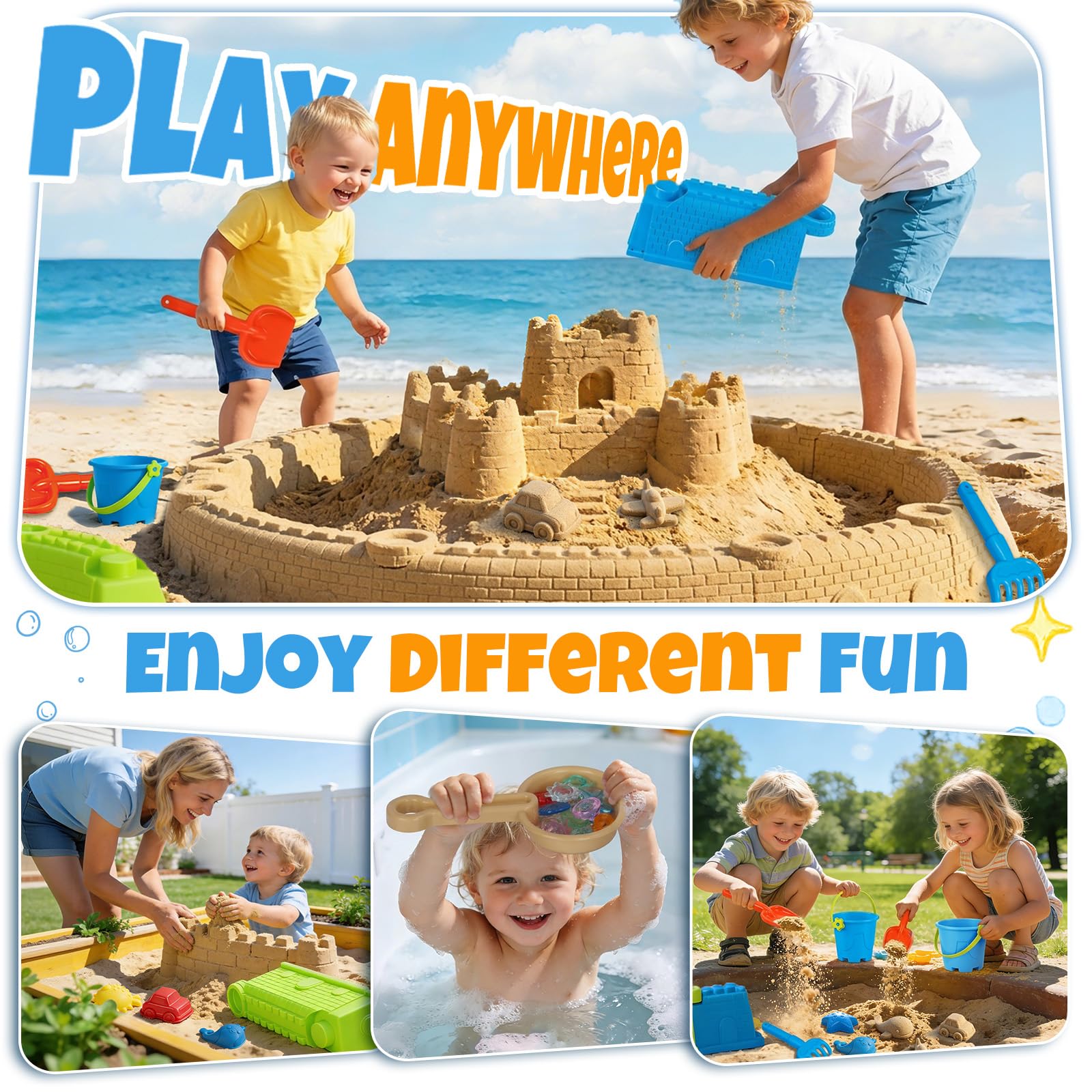 JONRRYIN Giochi Spiaggia Bambini, 44 Pezzi Sabbia Giocattoli con Stampi per Castelli, Secchio Pala Rastrello Stampi, Pietra Preziosa, Giochi Mare Esterno per Bambini Ragazzi Ragazze (Oval)