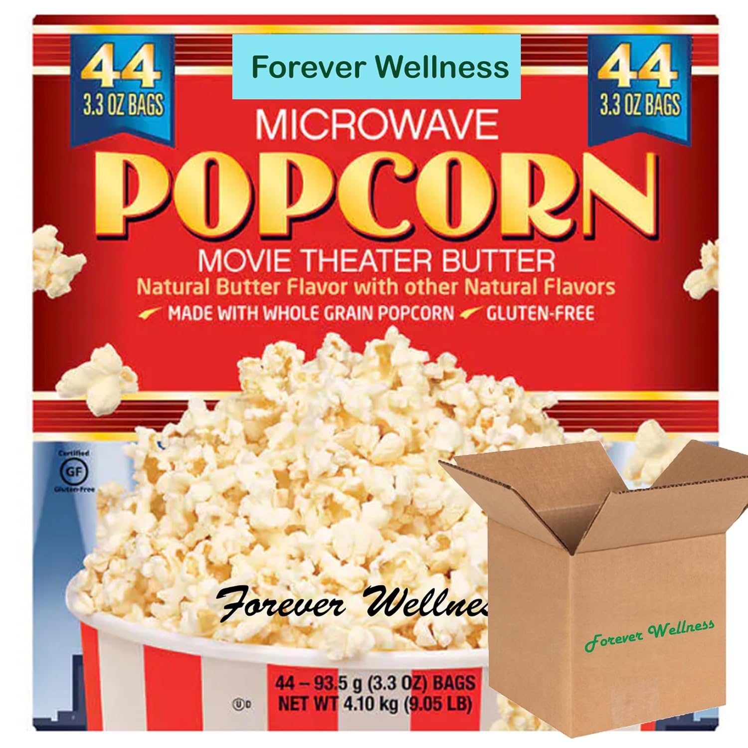 Forever Wellness Microwave Popcorn, 3.3 oz, 44-count, Gluten free, Kosher, Whole Grain Popcorn, Movie theater butter, Bundle with Forever Wellness Shipping Box