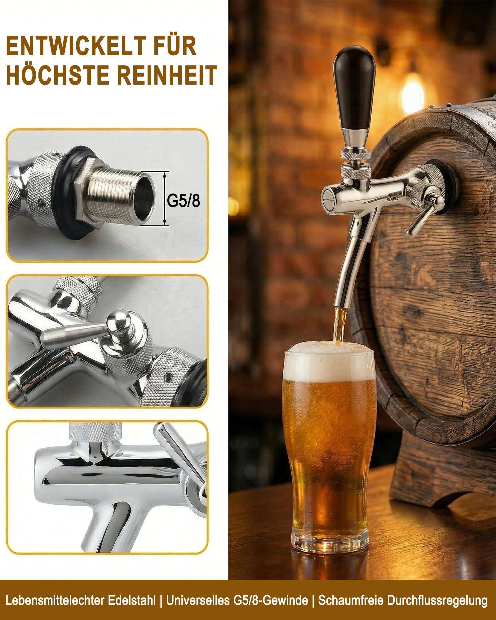G5/8 Verstellbarer Bierhahn: Bierhahn Einstellbare Bierzapfhahn mit Durchflusskontrolle für Zapfanlage Edelstahl Messing für Bar Zuhause Restaurant
