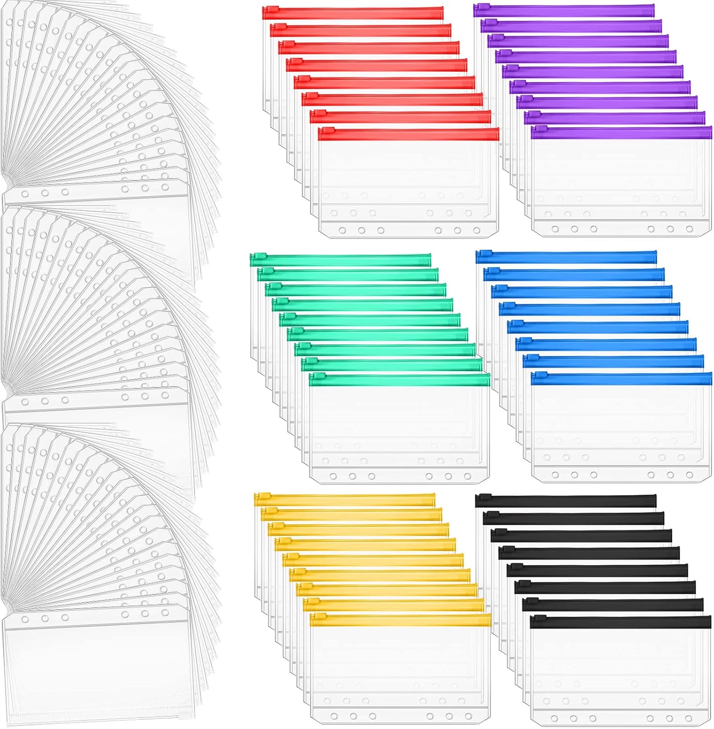 Sherr 108 Pcs A6 Size Binder Pockets 6 Holes Budget Cash Envelopes for Budgeting Waterproof PVC Budget Binder Receipt Organizer Multicolor Pouch Clear Zipper Folders Loose Leaf Bags for Document Files