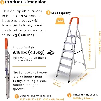 Lightweight Step Ladders 6 Step 67.75’’ (167 cm), 330.6 lbs (150 kg) Max Load, Non-Slip Wide Steps, Foldable, Heavy Duty Aluminium Tall Folding Ladder - Compact& Portable