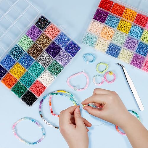 Miniatura 5 de WOHOOW 7200 cuentas de semillas de cristal, 0.157 in, 48 colores 60, cuentas para hacer joyas, juego de manualidades de cuentas de vidrio pequeñas,