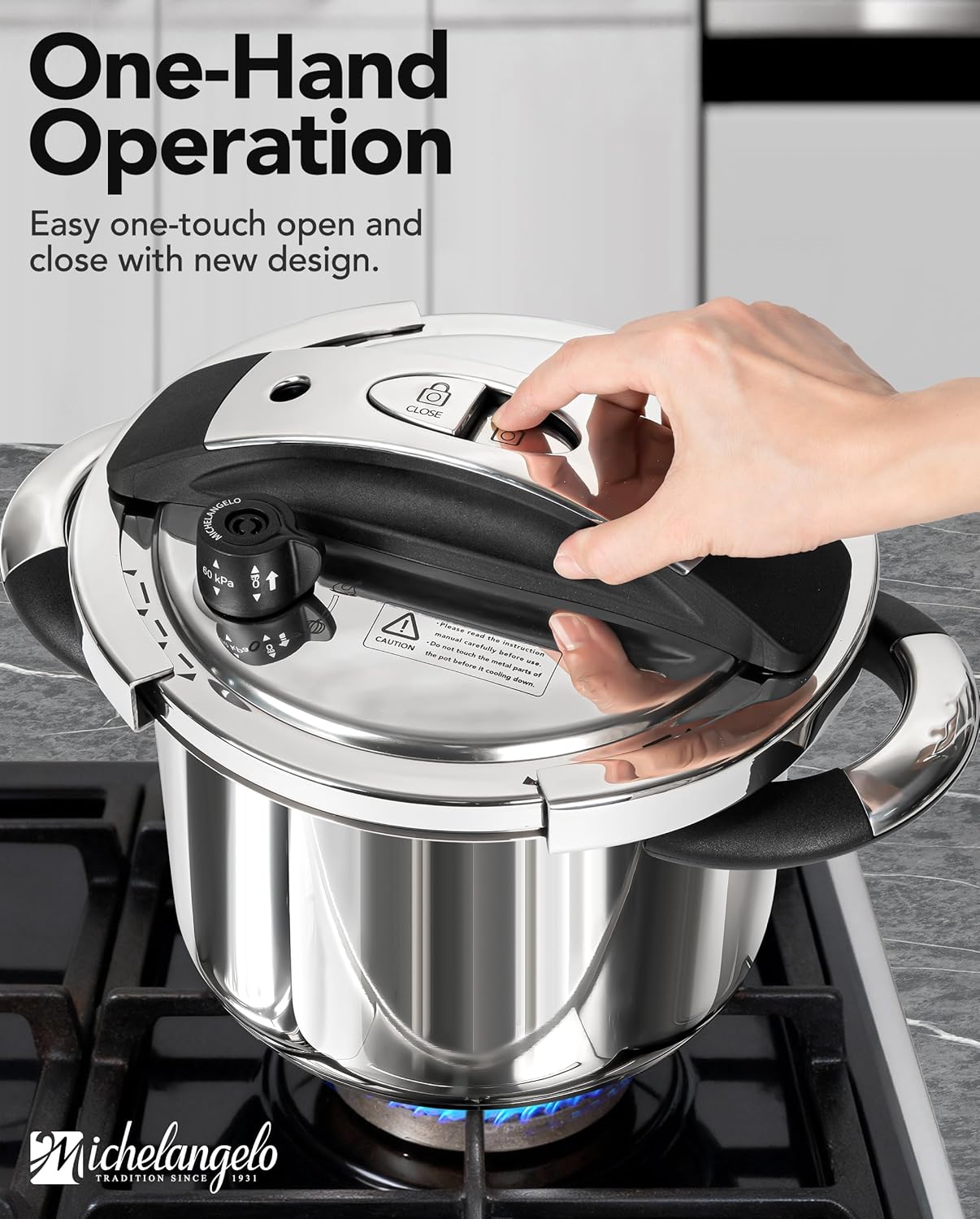 MICHELANGELO Small Pressure Cooker Stainless Steel, 3.2 Quart Olla de Presion, One-Hand Locking System, Induction Compatible, with Glass Lid & Steamer