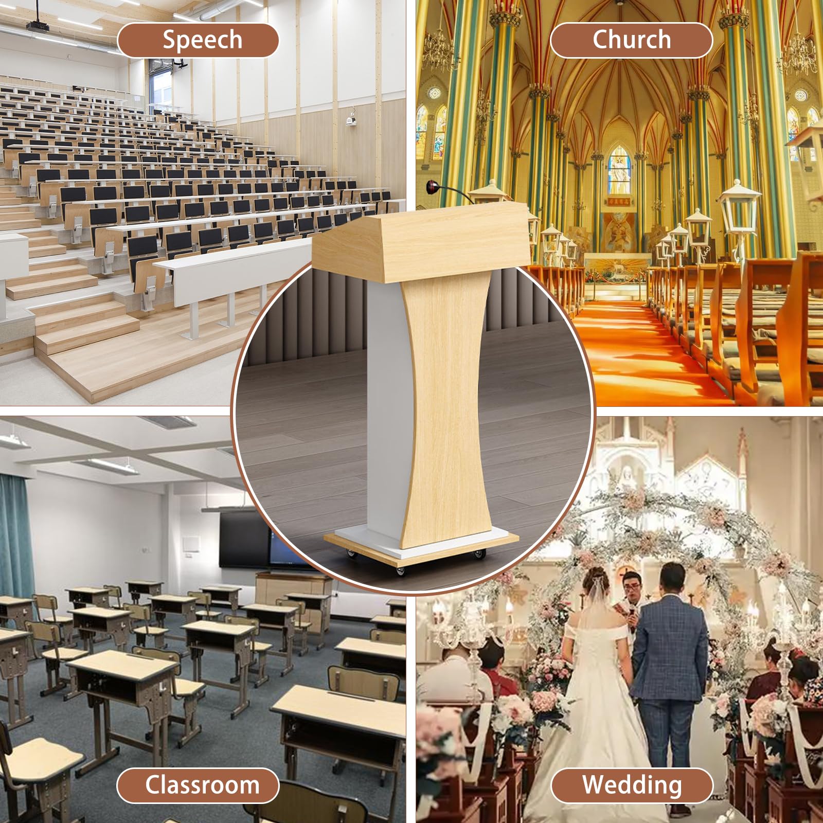 Mobiles Rednerpult auf Rollen – Hölzernes Podium mit Stauraum – Tragbares Stehpult –Stabiler Pult für Kirche, Klassenzimmer, Büro, Schule, Konferenz, Restaurant, Besprechungsraum & Auditorium