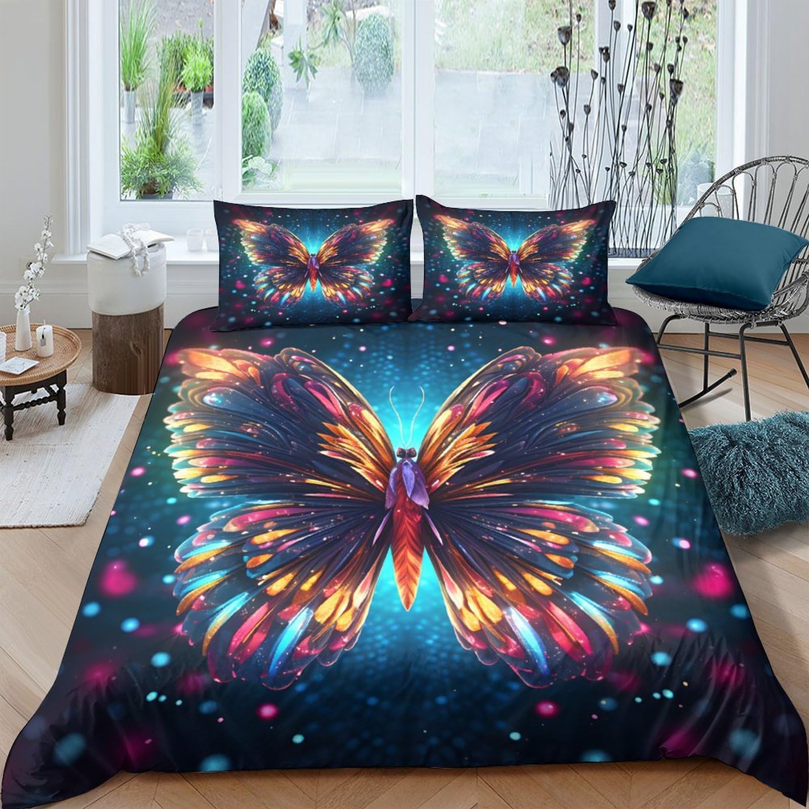 GPLZQXKJNH 3D Printed Butterfly Aurora Duvet Cover Microfiber Soft Breathable Fantasy Bedding Set with 2 Pillowcases for Bedroom Decor Single（135x200cm）