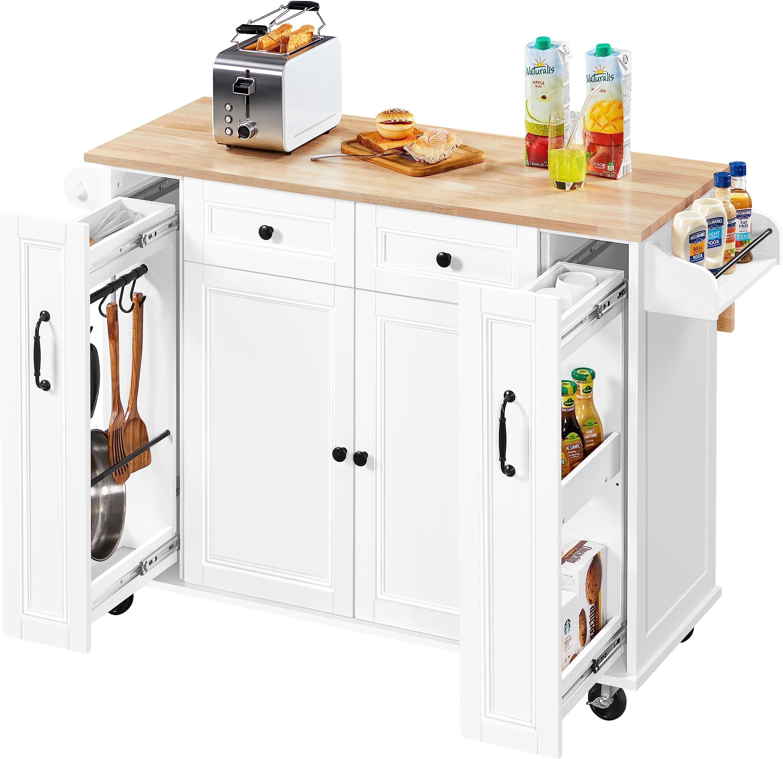 Yaheetech 52"W Kitchen Island with Drop-Leaf Breakfast Bar and 2 Pull-outs, Kitchen Cart on Lockable Wheels with Rubberwood Top & 2 Drawers & Adjustable Shelves, Storage Cabinet for Dining Room, White