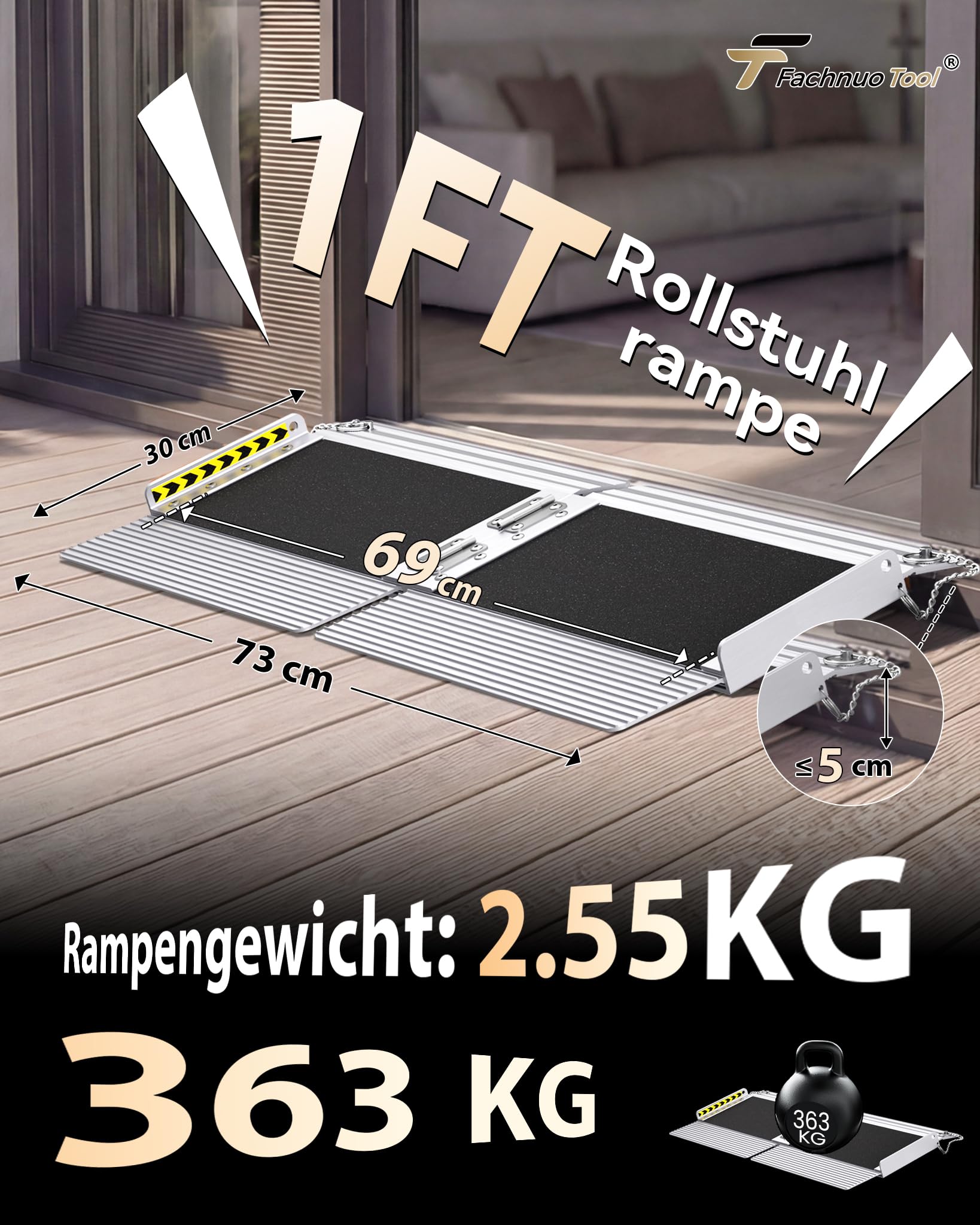 FACHNUO 30 cm tragbare Schwellenrampe mit selbstanpassender Bodenplatte, 363 kg Tragfähigkeit, Rollstuhlrampe für Haustüren, rutschfeste Rampe für Stufen zu Hause, zusammenklappbare Rollstuhlrampe