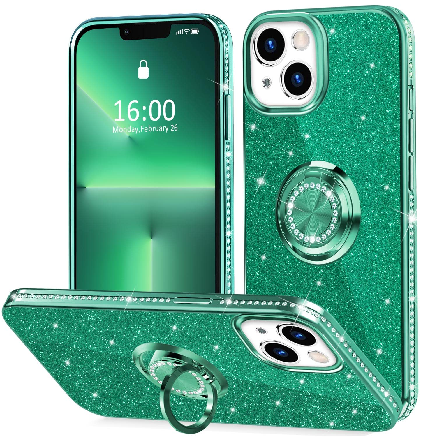 Thomo Compatible with iPhone 13 Case Glitter 6.1 inch,[Bling Kickstand][Back with Camera Protection] Crystal Rhinestone Phone Case Ring Holder Cute