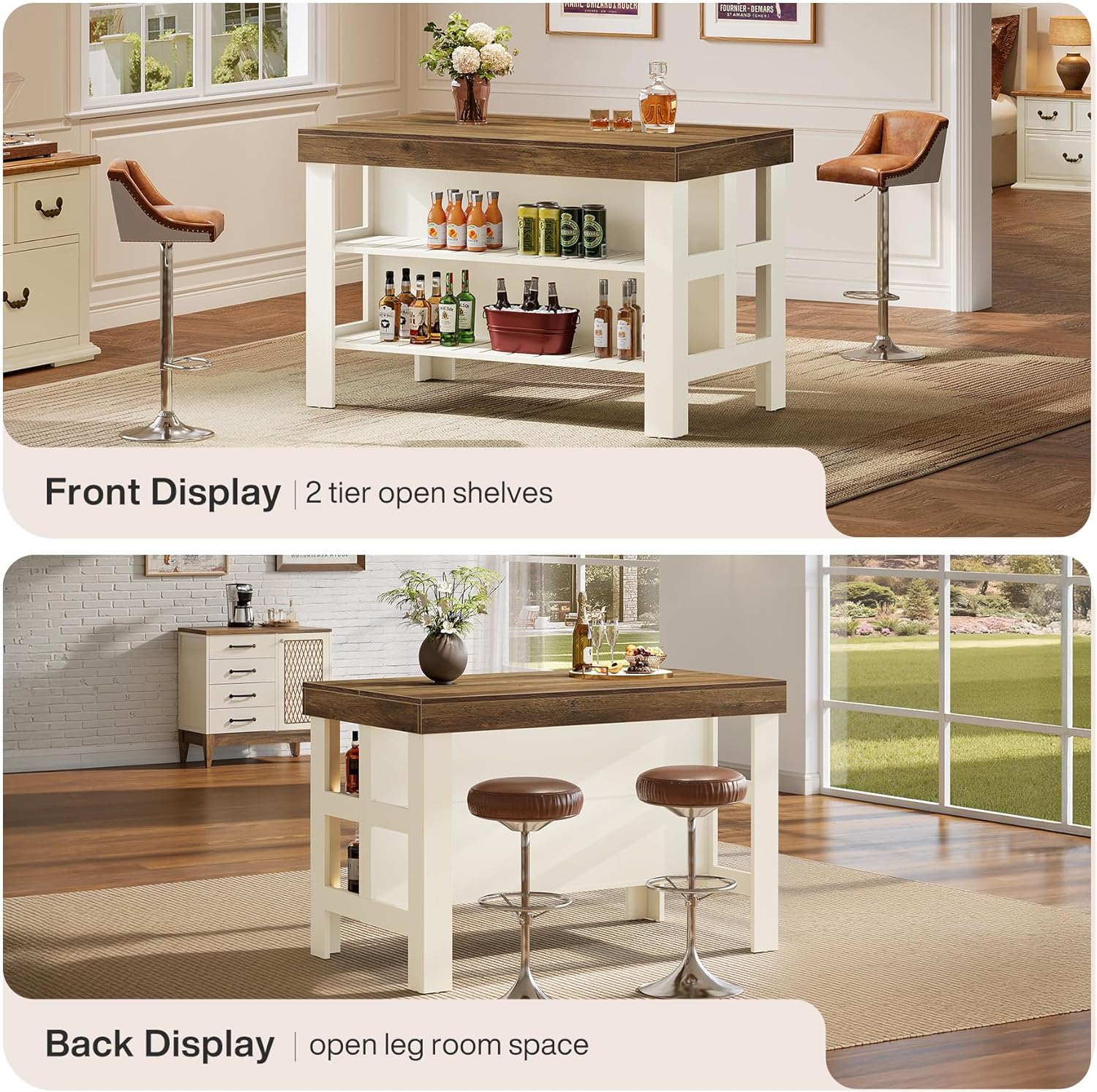 Tribesigns Home Bar Table Unit with Storage Shelves, 55.1-Inch Farmhouse Counter Height Bar Cabinet for Kitchen Dining Room (White and Brown)