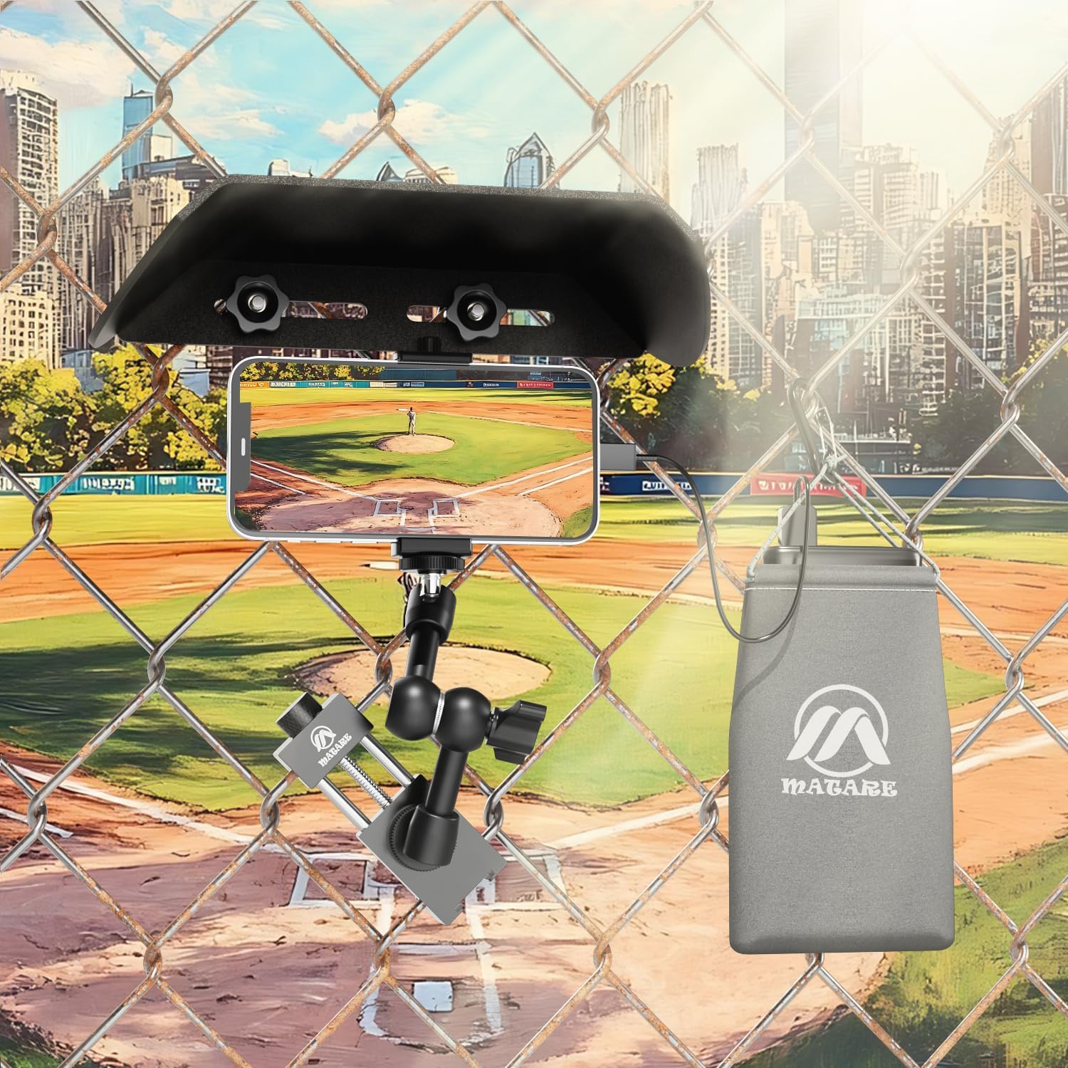 Cell Phone Fence Mount with Shade for iPhone, Mevo Start, Phones, GoPro and Other Action Cameras, Mounting Kit for Recording Baseball,Softball and Tennis Games(M8)