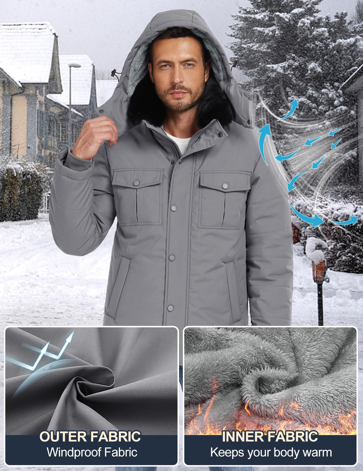 Tuopuda Uomo Giacca Invernale con Cappuccio, Giubbotto in Pile Casual Parka Cappotto Termico Imbottito Giacche con Cerniera e Tasche Giubbino Primavera Autunno