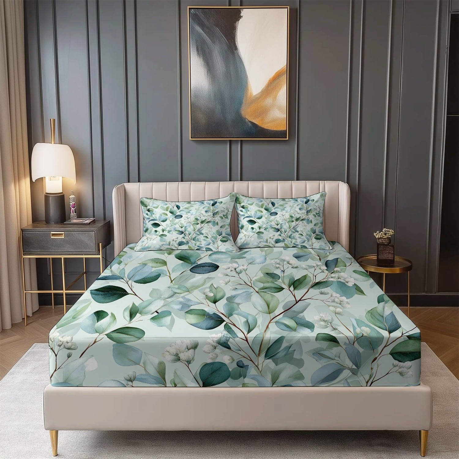 Drap Housse Vert Feuilles Plantes de à l'aquarelle - Drap-Housse Microfibre Brossée,Antidérapant Ajustable Housse Matelas 180 x 240 avec 2 Taie d'oreiller 65x65, pour Adolescents et Adultes