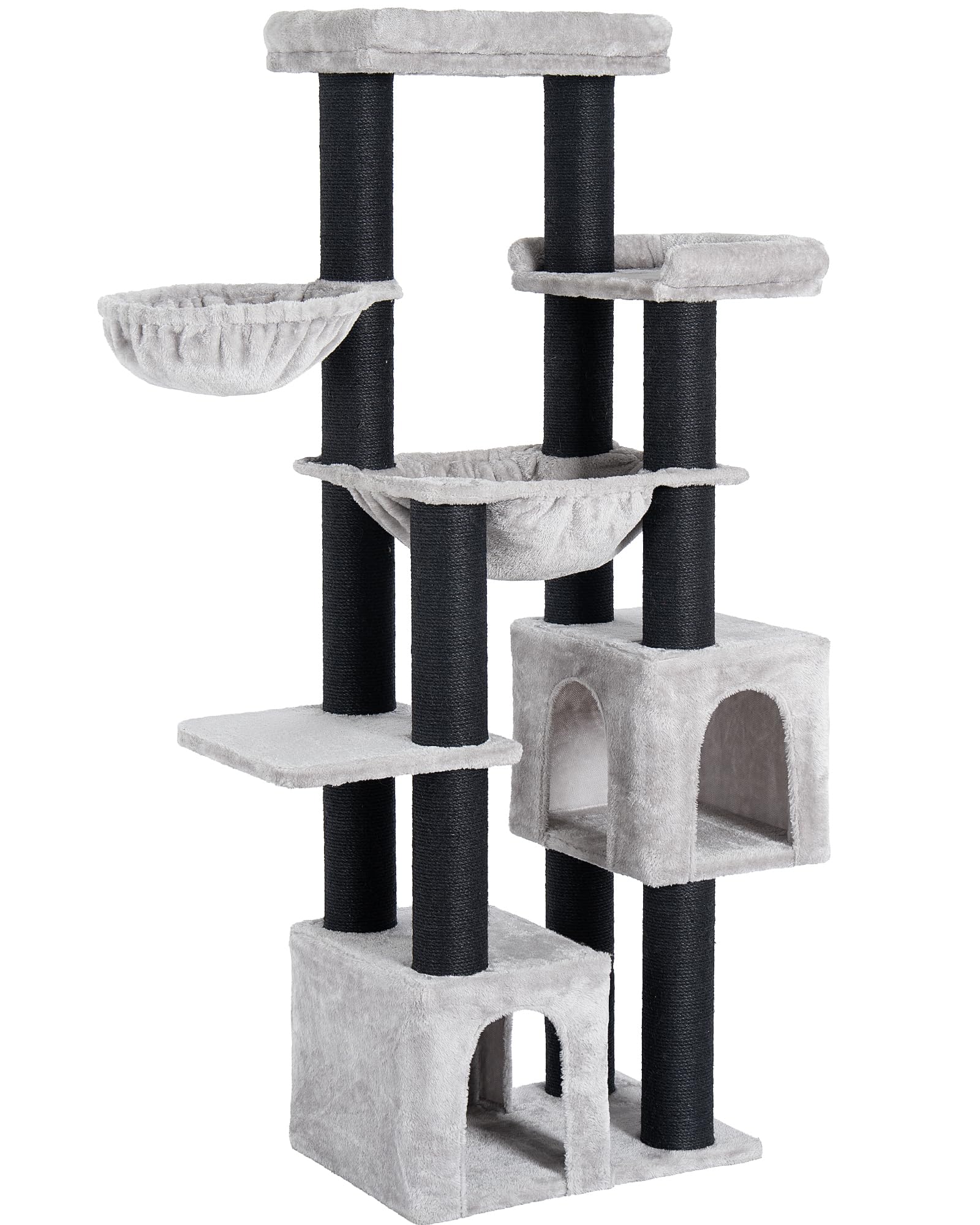 Kratzbaum für Große Katzen, 164cm Kratzbaum Groß, 11cm d Stämme | Kratzbaum Grosse Katzen Stabil, 2 Hängematte, 2 Plüschplattform, 2 Höhle, Mehrstöckiger Katzenbaum für Große Katzen, Grau