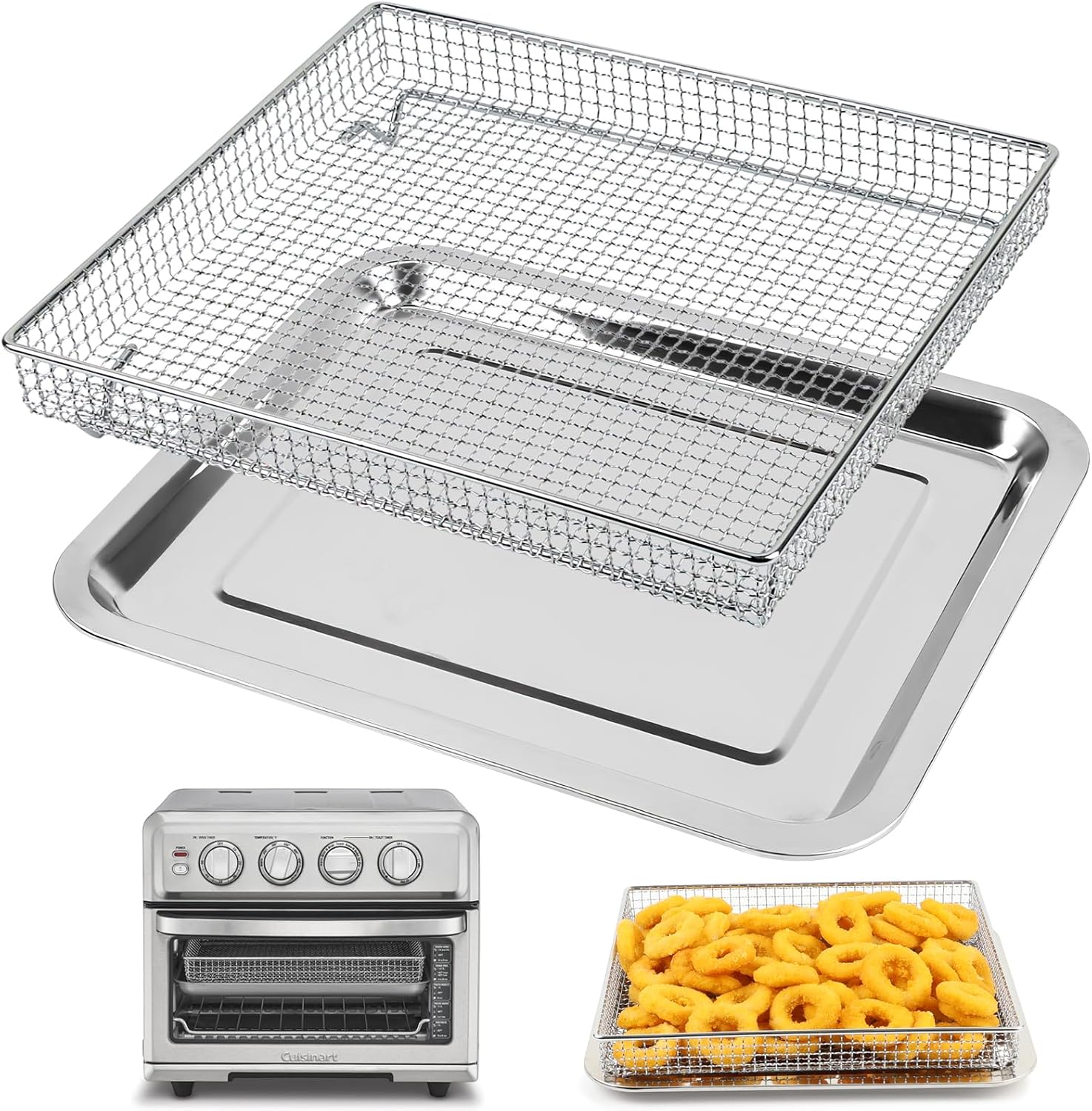 yql stainless steel air fryer basket and tray set, compatible with cuisinart toa-60 toa-65 toa-70, mesh wire rack & baking pan replacement for convection toaster oven, dishwasher safe