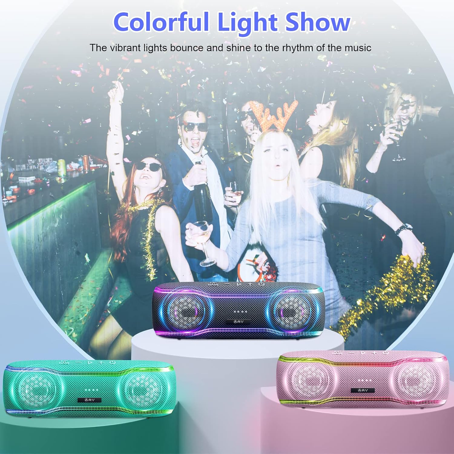 People at a party with the AY Bluetooth speaker displaying its colorful light show